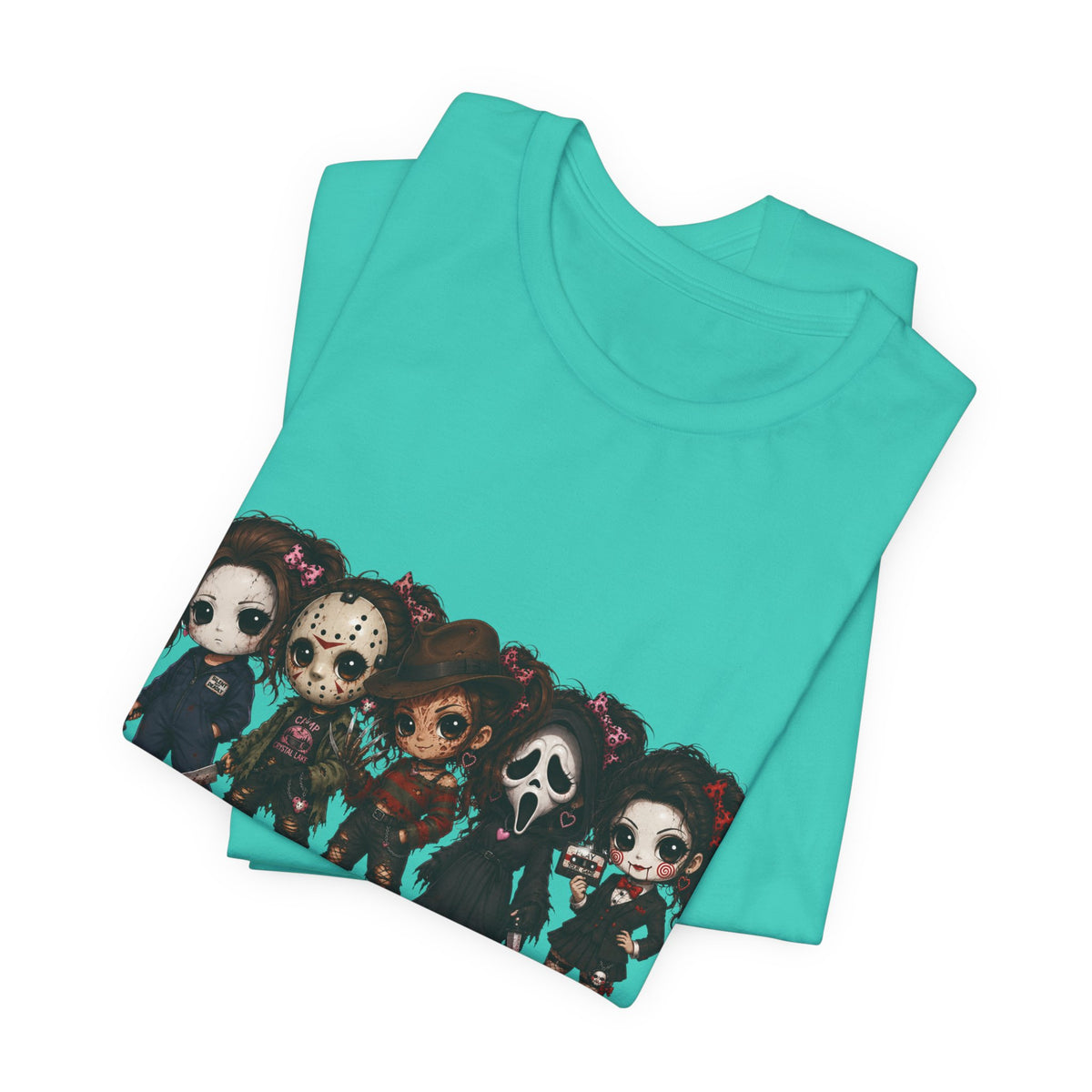 Horror Icons Chibi Tee — Cute Killer Characters Graphic T-Shirt