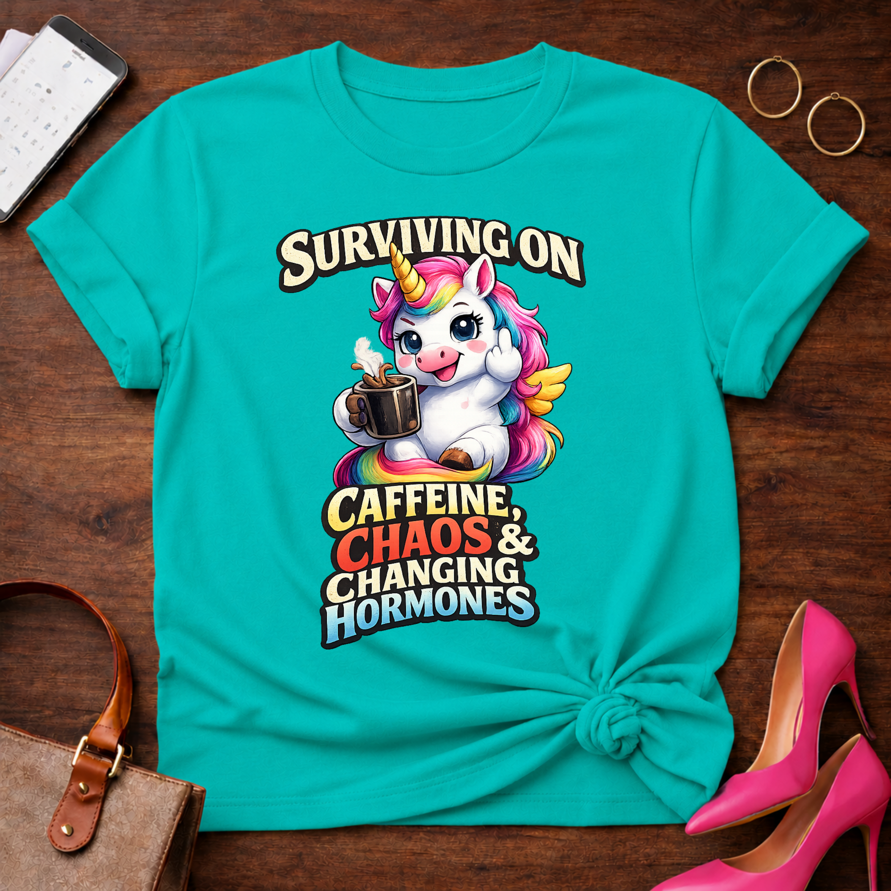 Surviving on Caffeine, Chaos & Changing Hormones Graphic T-Shirt
