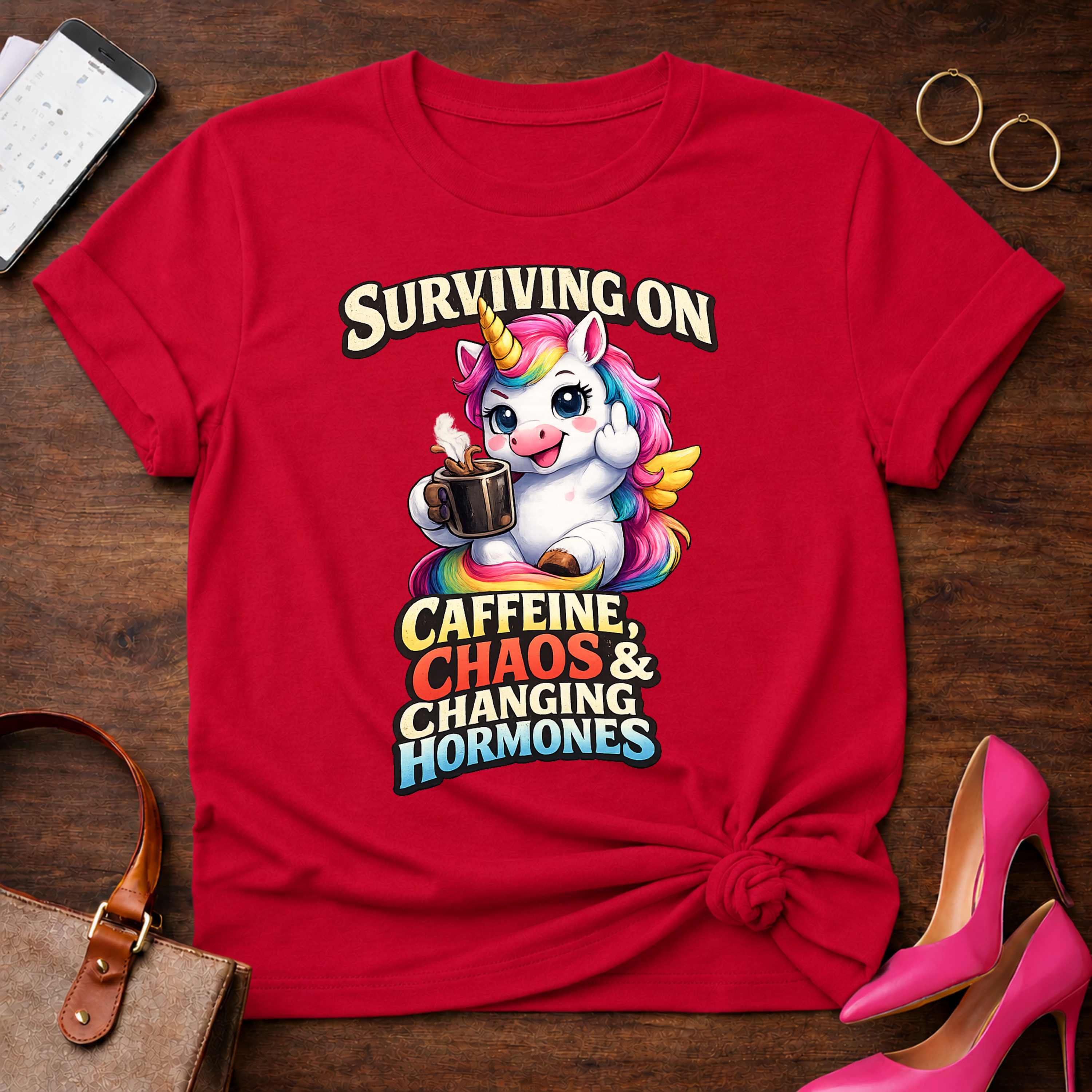 Surviving on Caffeine, Chaos & Changing Hormones Graphic T-Shirt