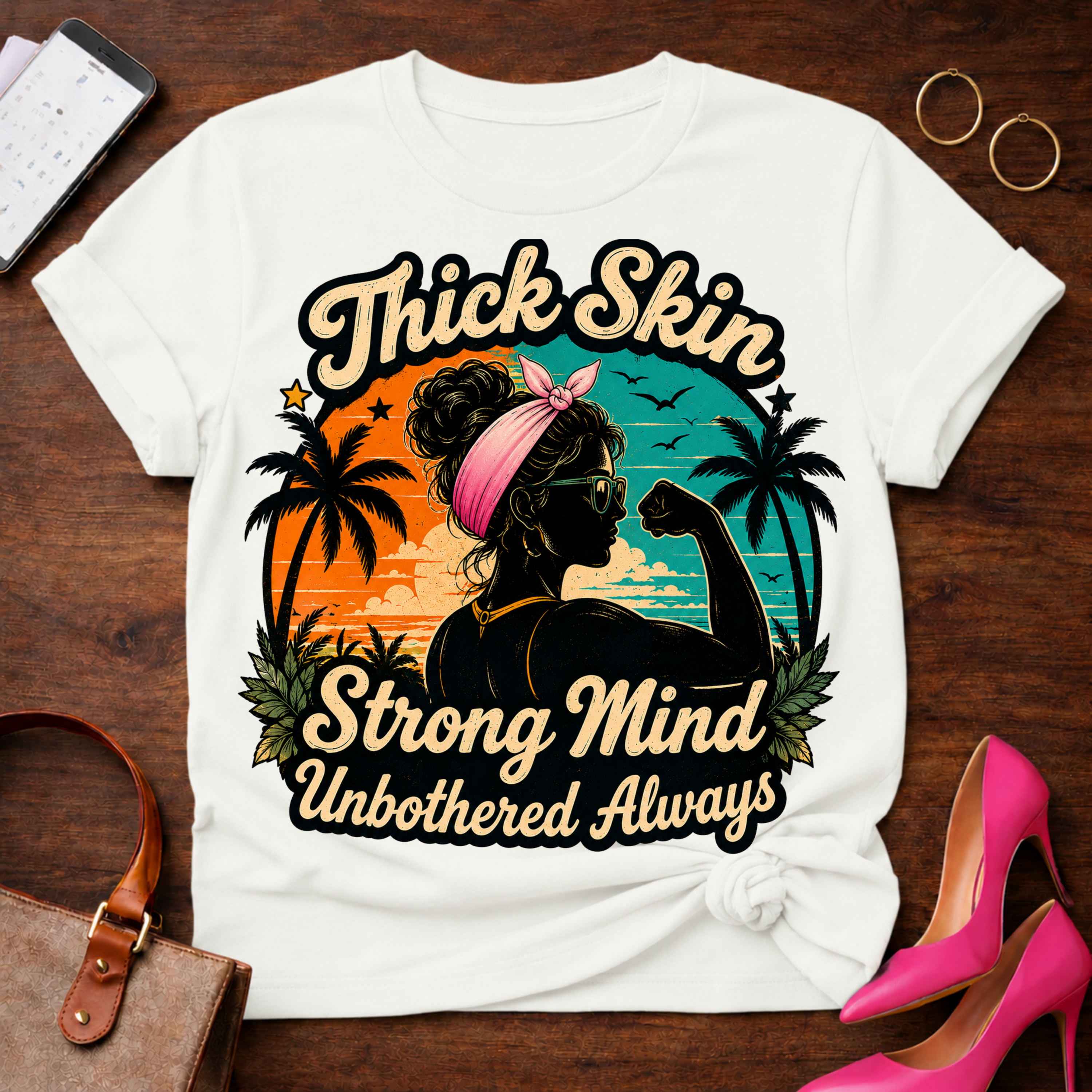 T-Shirt — "Thick Skin. Strong Mind. Unbothered Always" Vintage Quote Tee