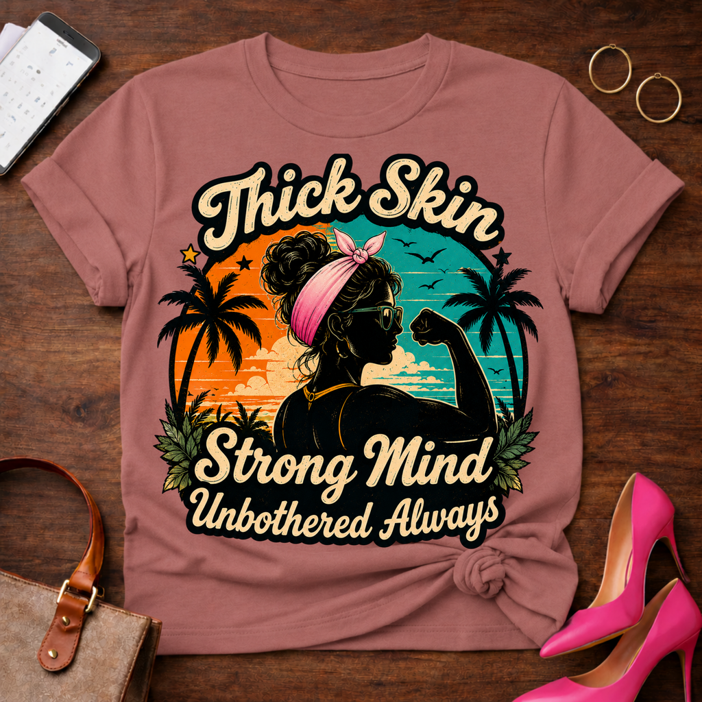 T-Shirt — "Thick Skin. Strong Mind. Unbothered Always" Vintage Quote Tee
