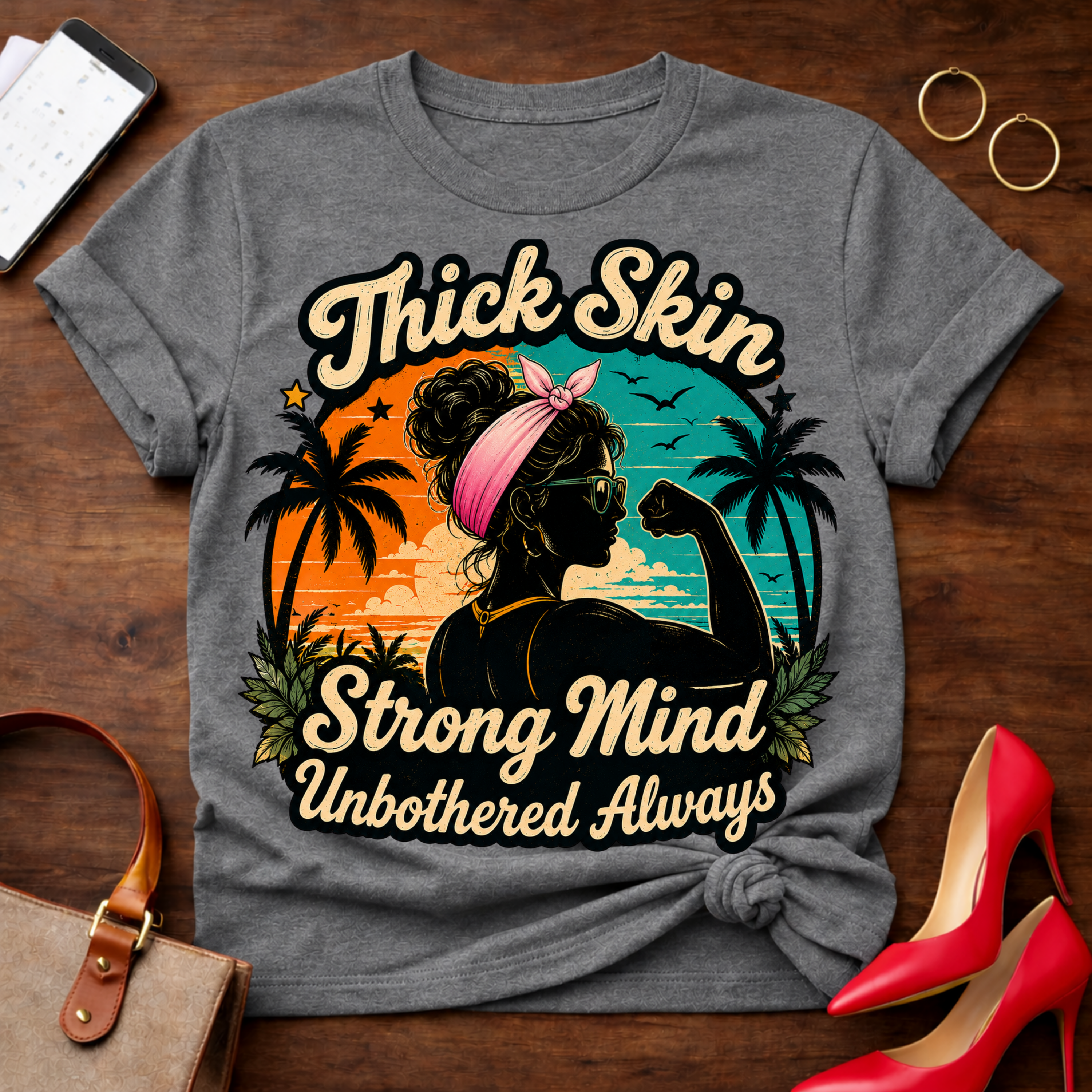 T-Shirt — "Thick Skin. Strong Mind. Unbothered Always" Vintage Quote Tee