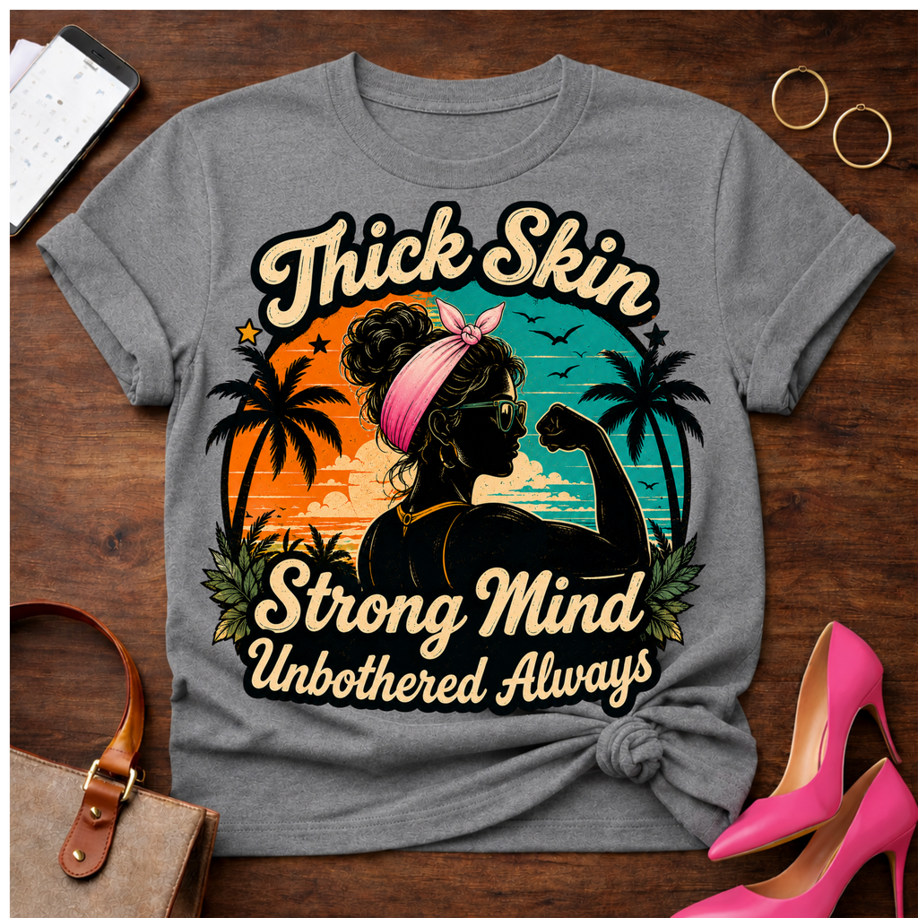T-Shirt — "Thick Skin. Strong Mind. Unbothered Always" Vintage Quote Tee