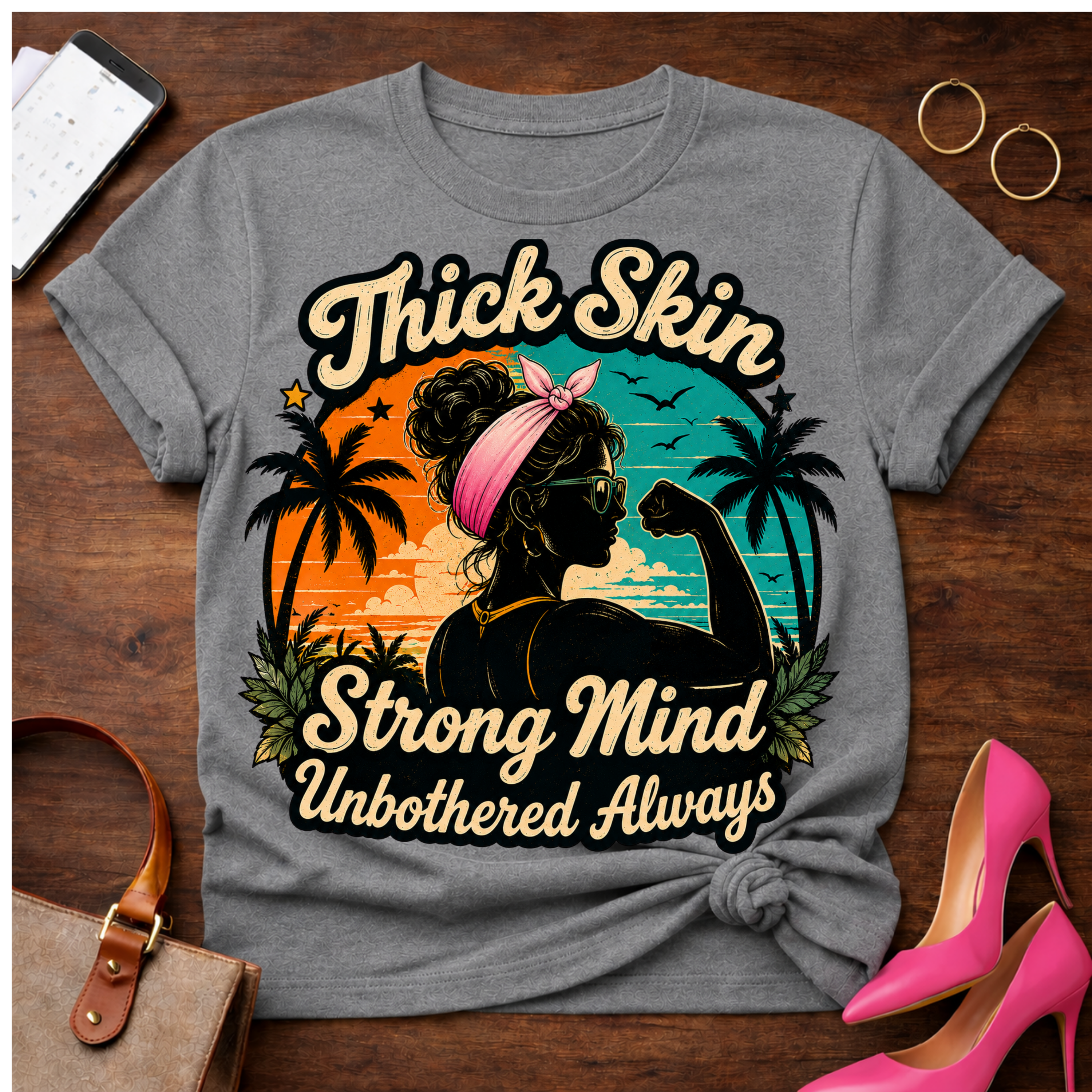 T-Shirt — "Thick Skin. Strong Mind. Unbothered Always" Vintage Quote Tee