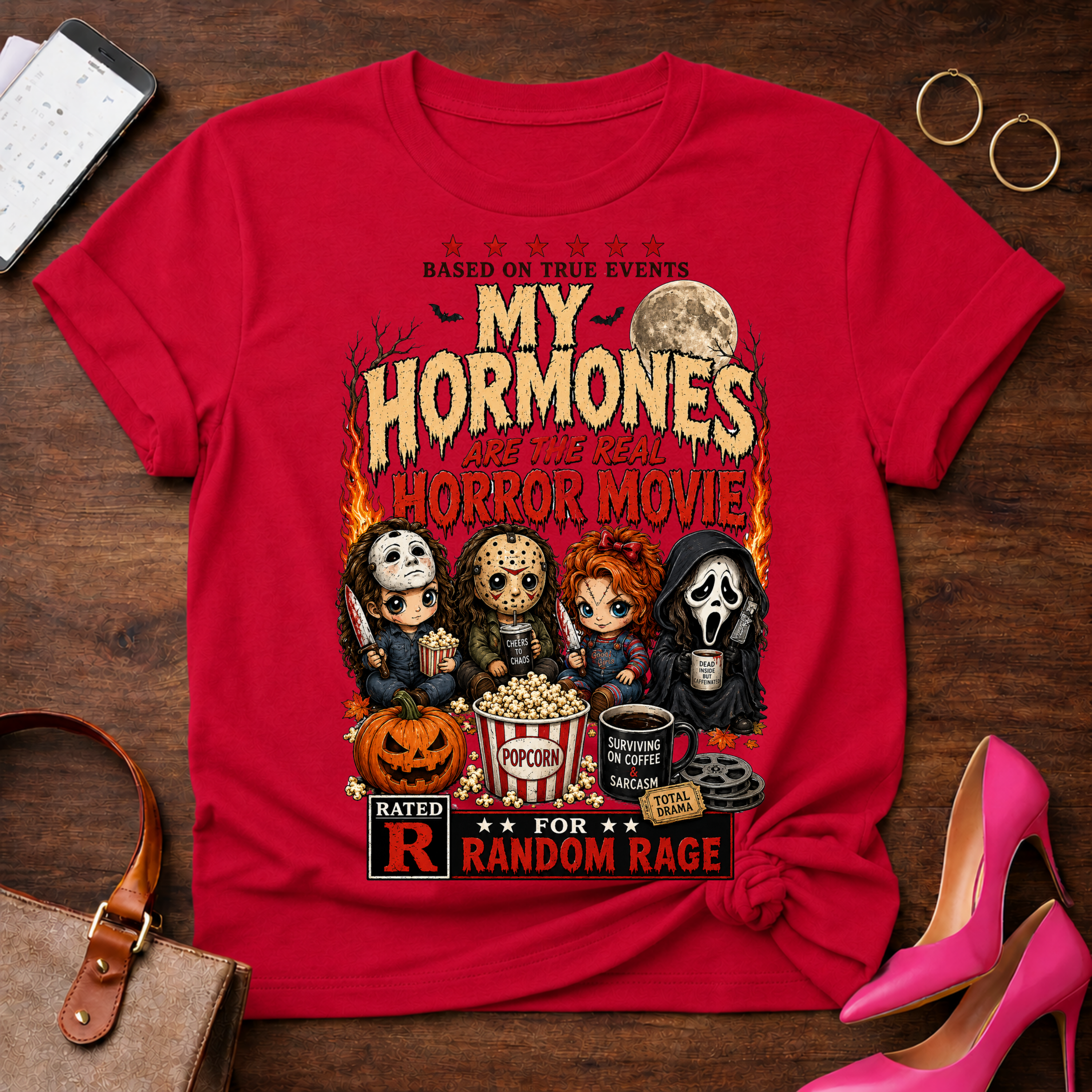 T-Shirt — "My Hormones Are The Real Horror Movie" Vintage Quote Tee
