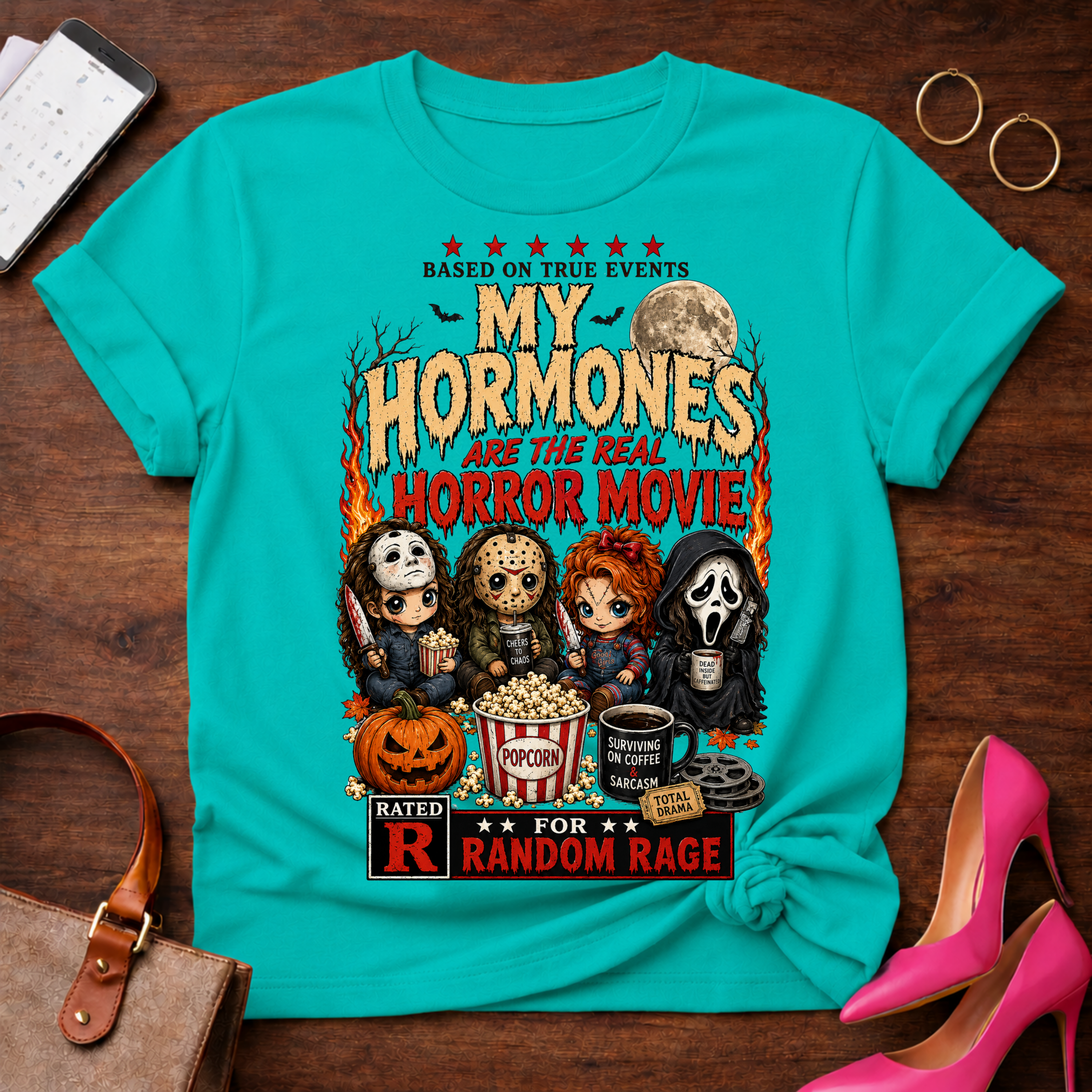 T-Shirt — "My Hormones Are The Real Horror Movie" Vintage Quote Tee
