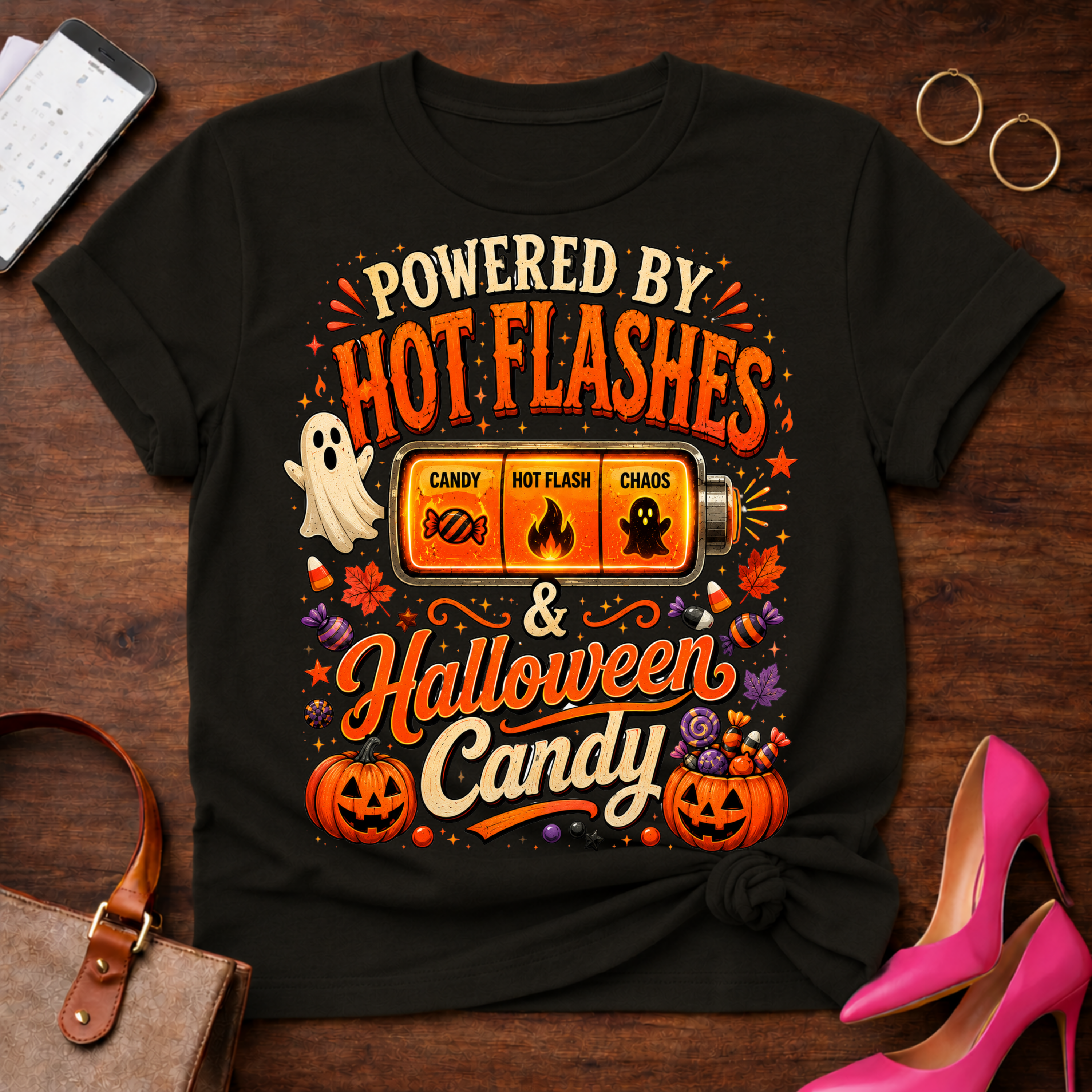 T-Shirt — "Hot Flashes & Halloween Candy" Vintage Quote Tee