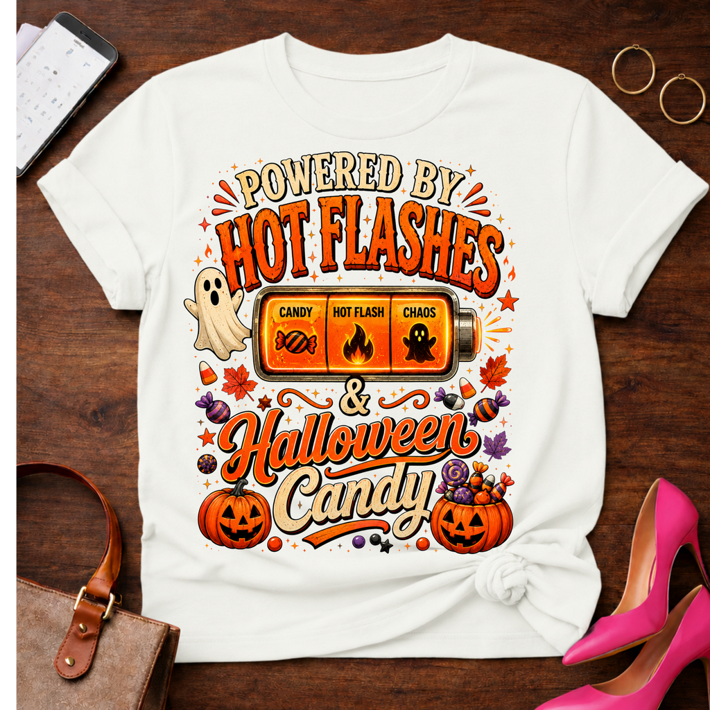T-Shirt — "Hot Flashes & Halloween Candy" Vintage Quote Tee