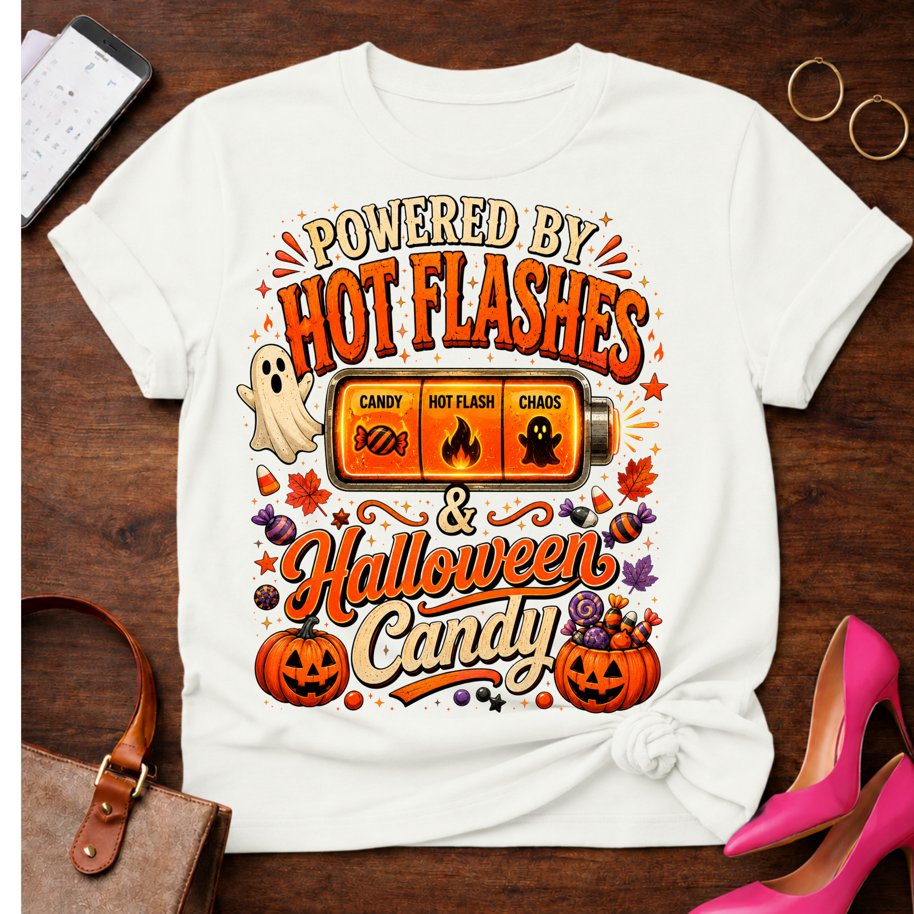 T-Shirt — "Hot Flashes & Halloween Candy" Vintage Quote Tee