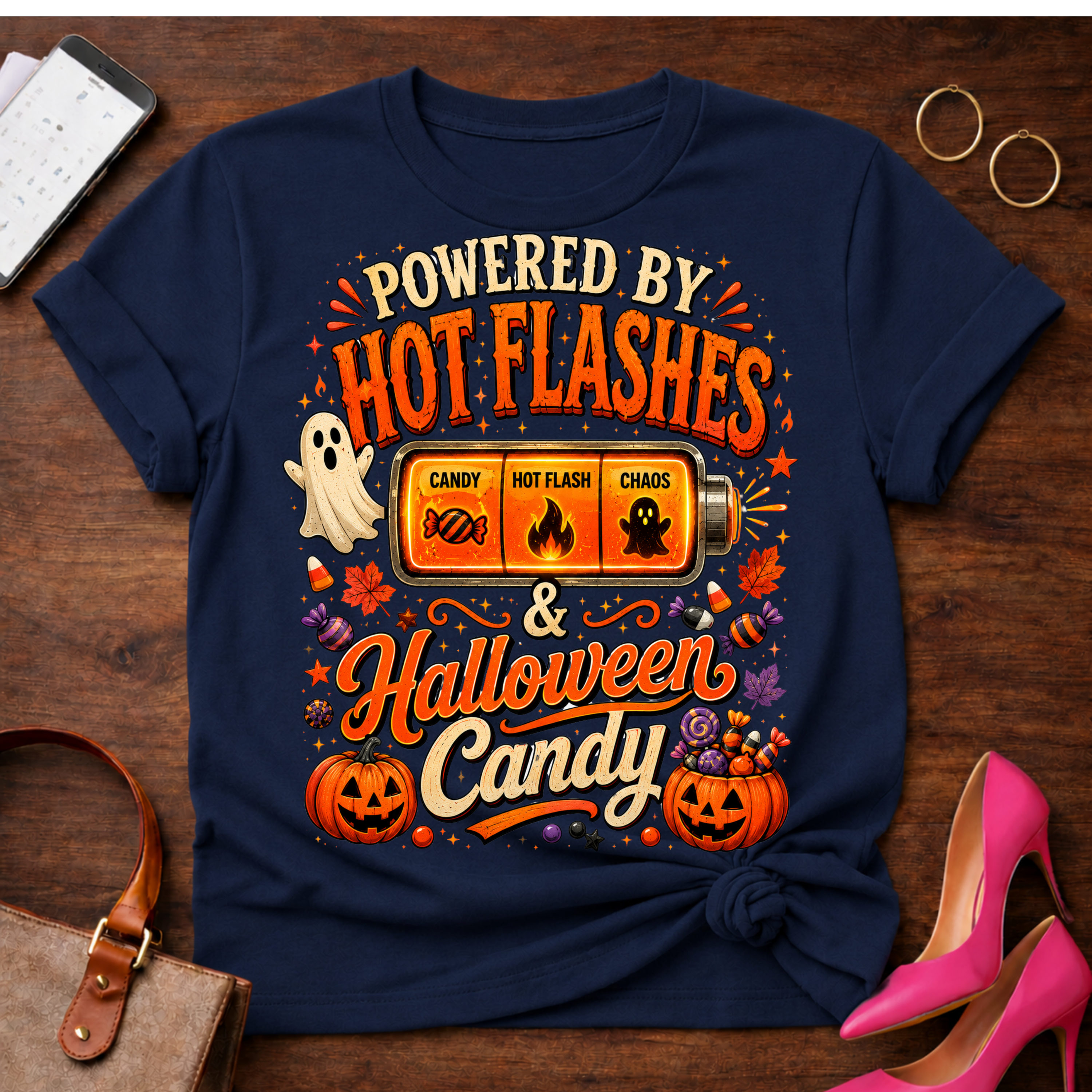 T-Shirt — "Hot Flashes & Halloween Candy" Vintage Quote Tee