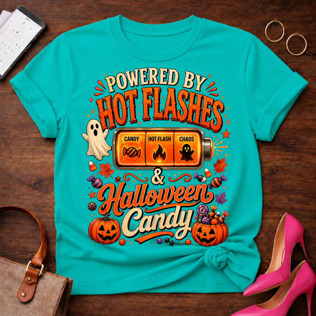 T-Shirt — "Hot Flashes & Halloween Candy" Vintage Quote Tee