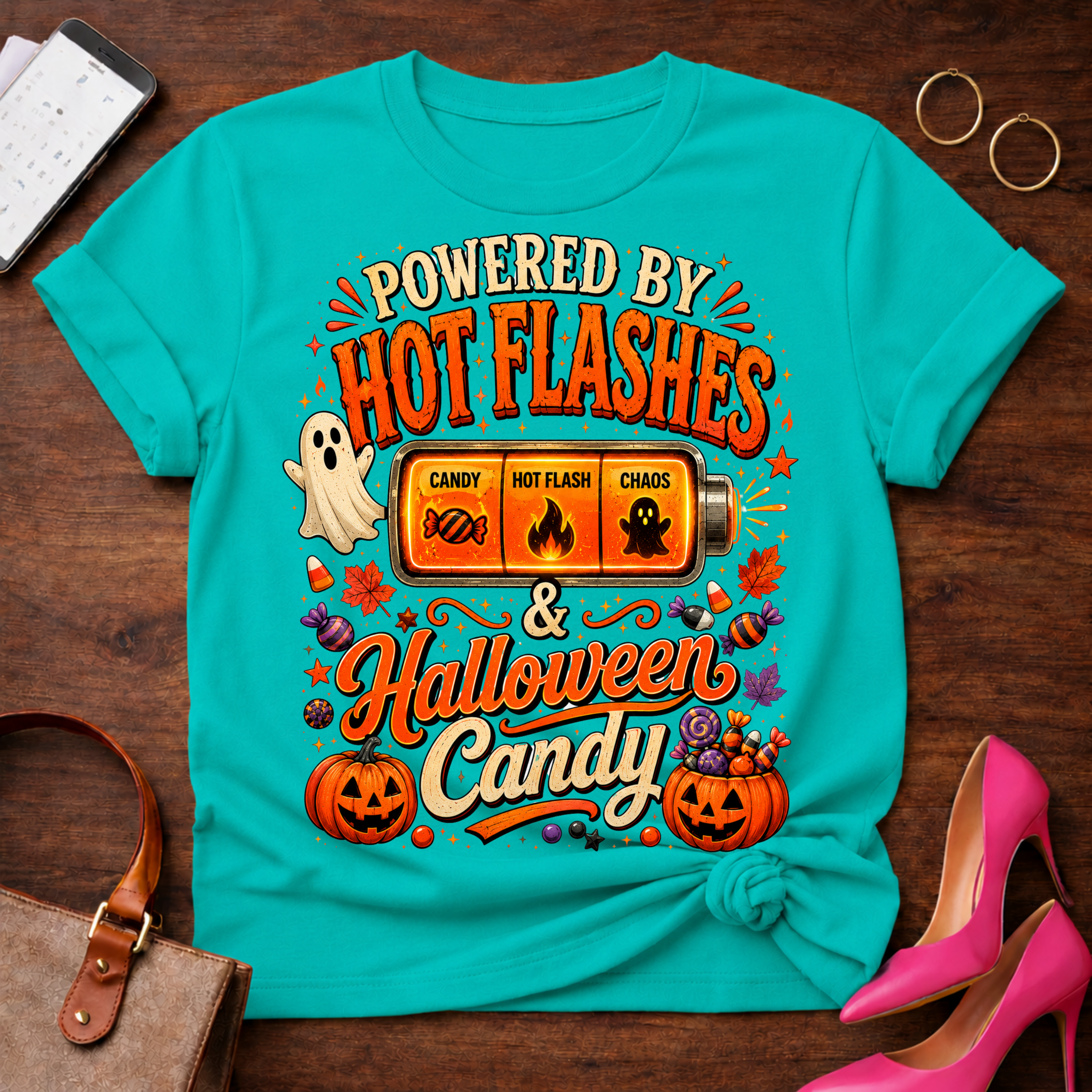T-Shirt — "Hot Flashes & Halloween Candy" Vintage Quote Tee