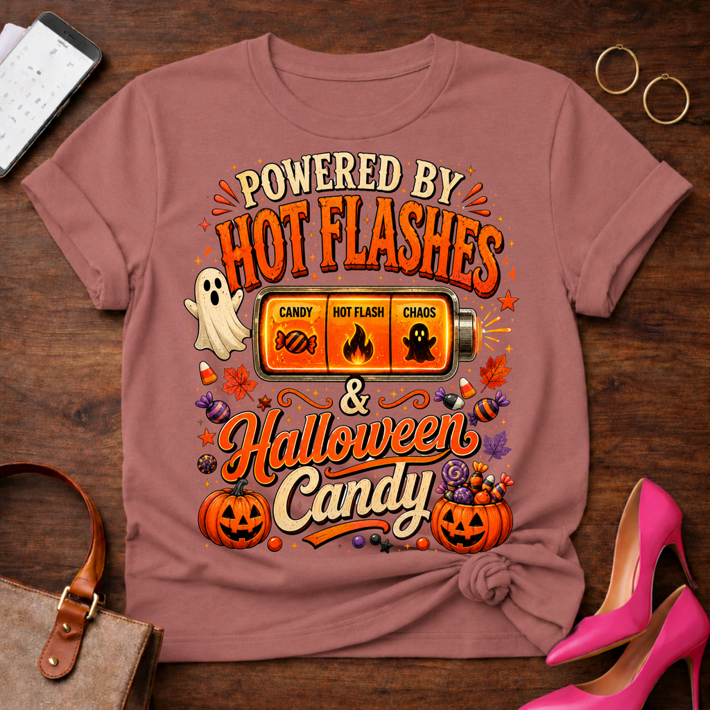 T-Shirt — "Hot Flashes & Halloween Candy" Vintage Quote Tee