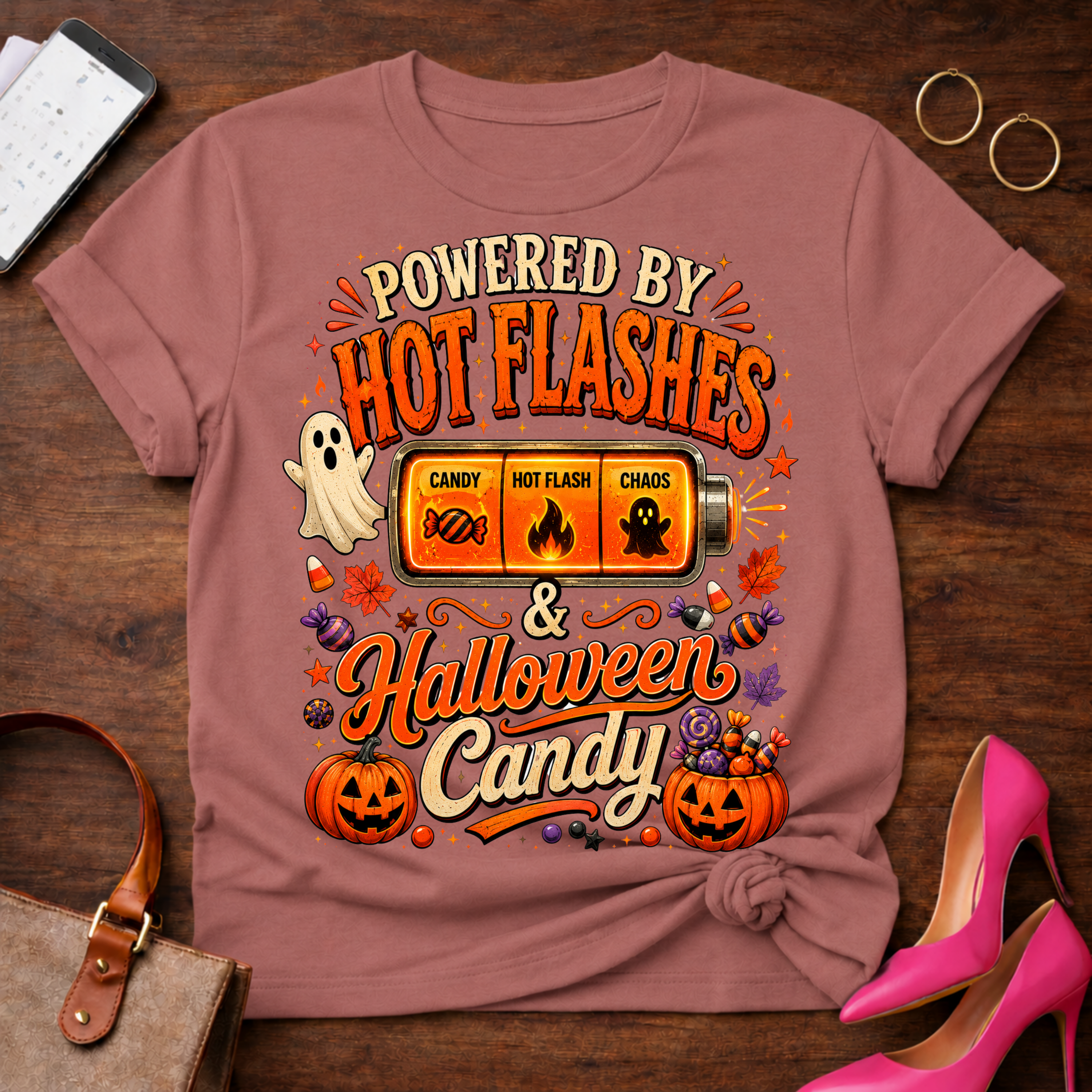 T-Shirt — "Hot Flashes & Halloween Candy" Vintage Quote Tee