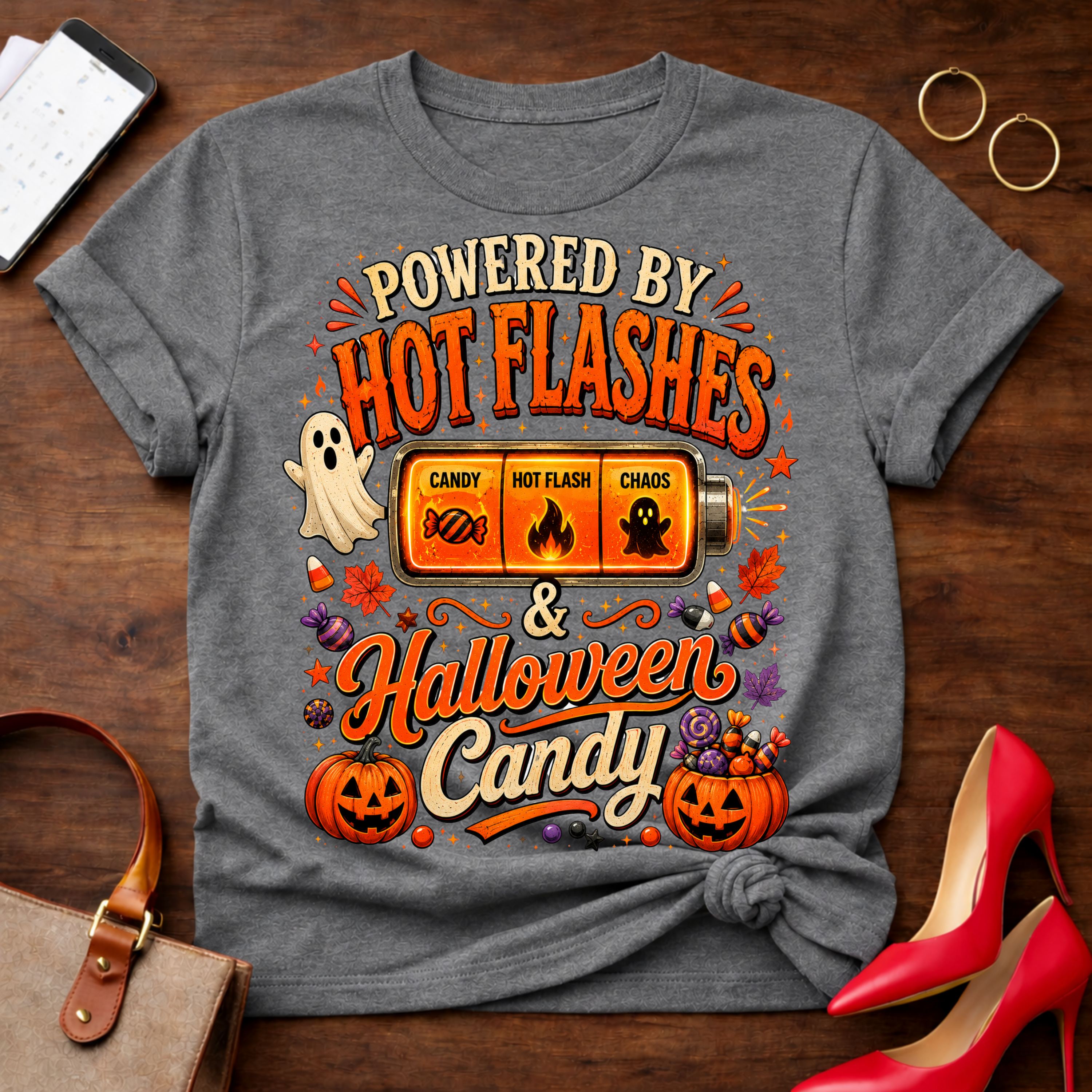 T-Shirt — "Hot Flashes & Halloween Candy" Vintage Quote Tee