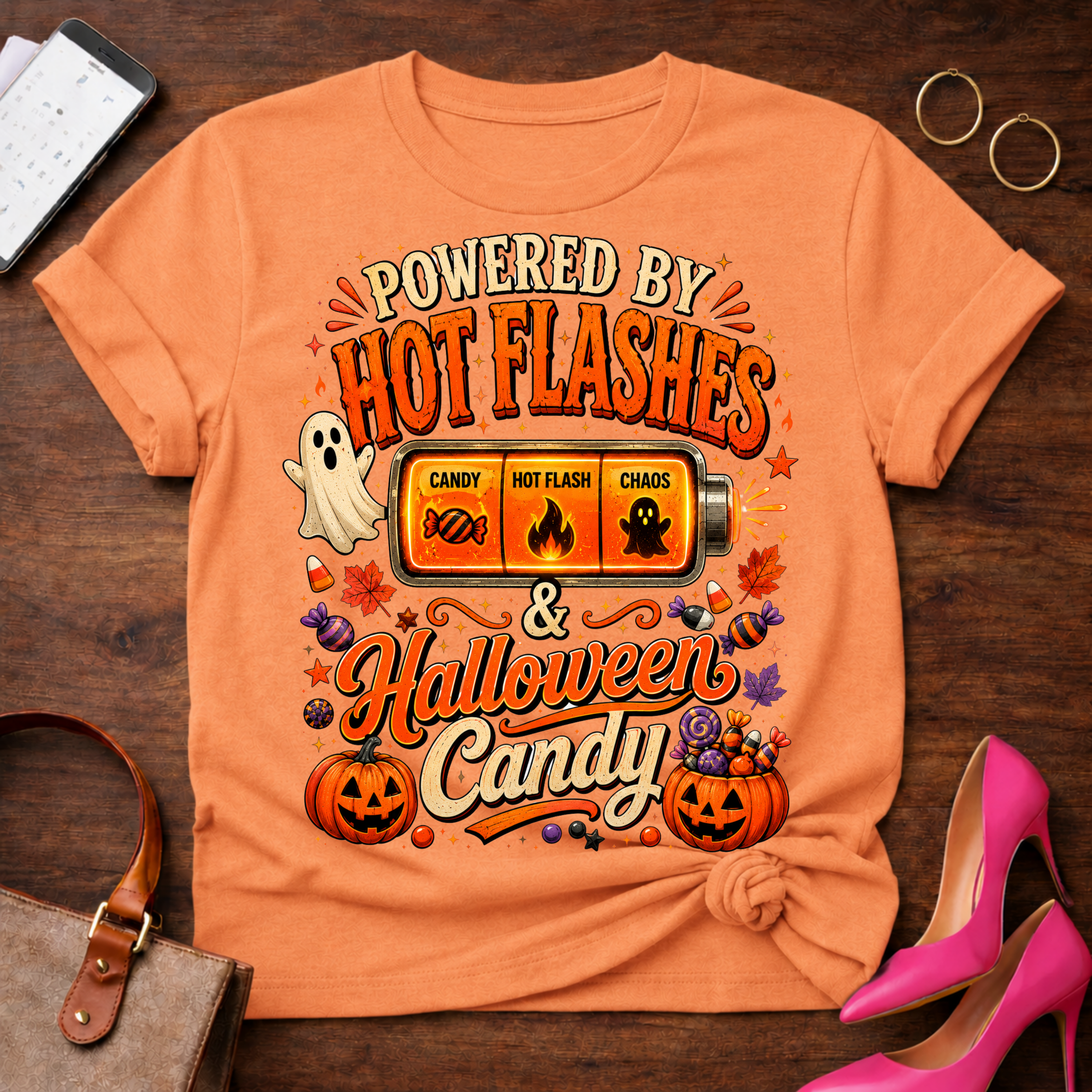 T-Shirt — "Hot Flashes & Halloween Candy" Vintage Quote Tee