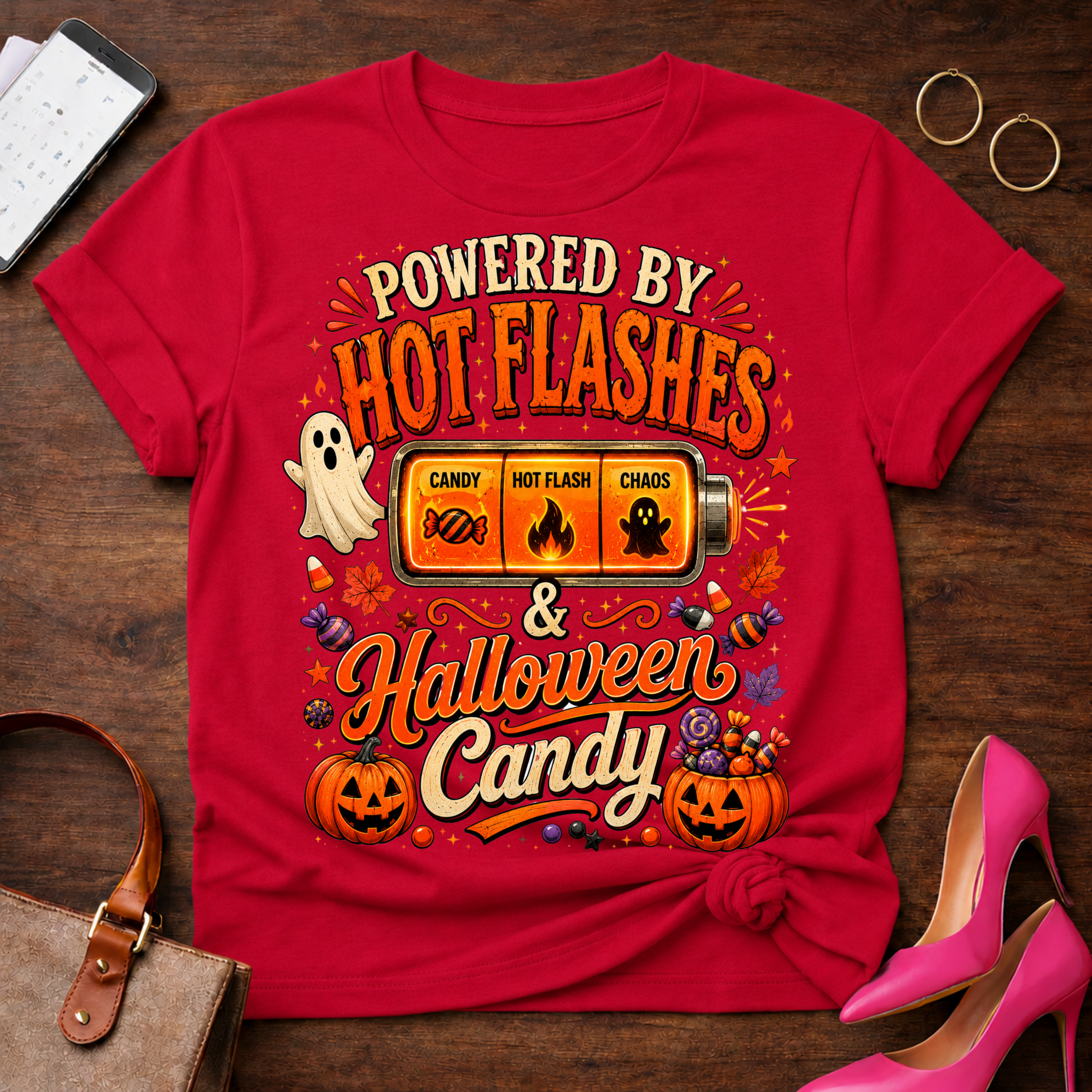T-Shirt — "Hot Flashes & Halloween Candy" Vintage Quote Tee