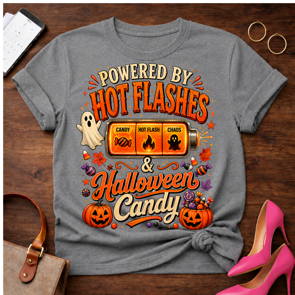 T-Shirt — "Hot Flashes & Halloween Candy" Vintage Quote Tee