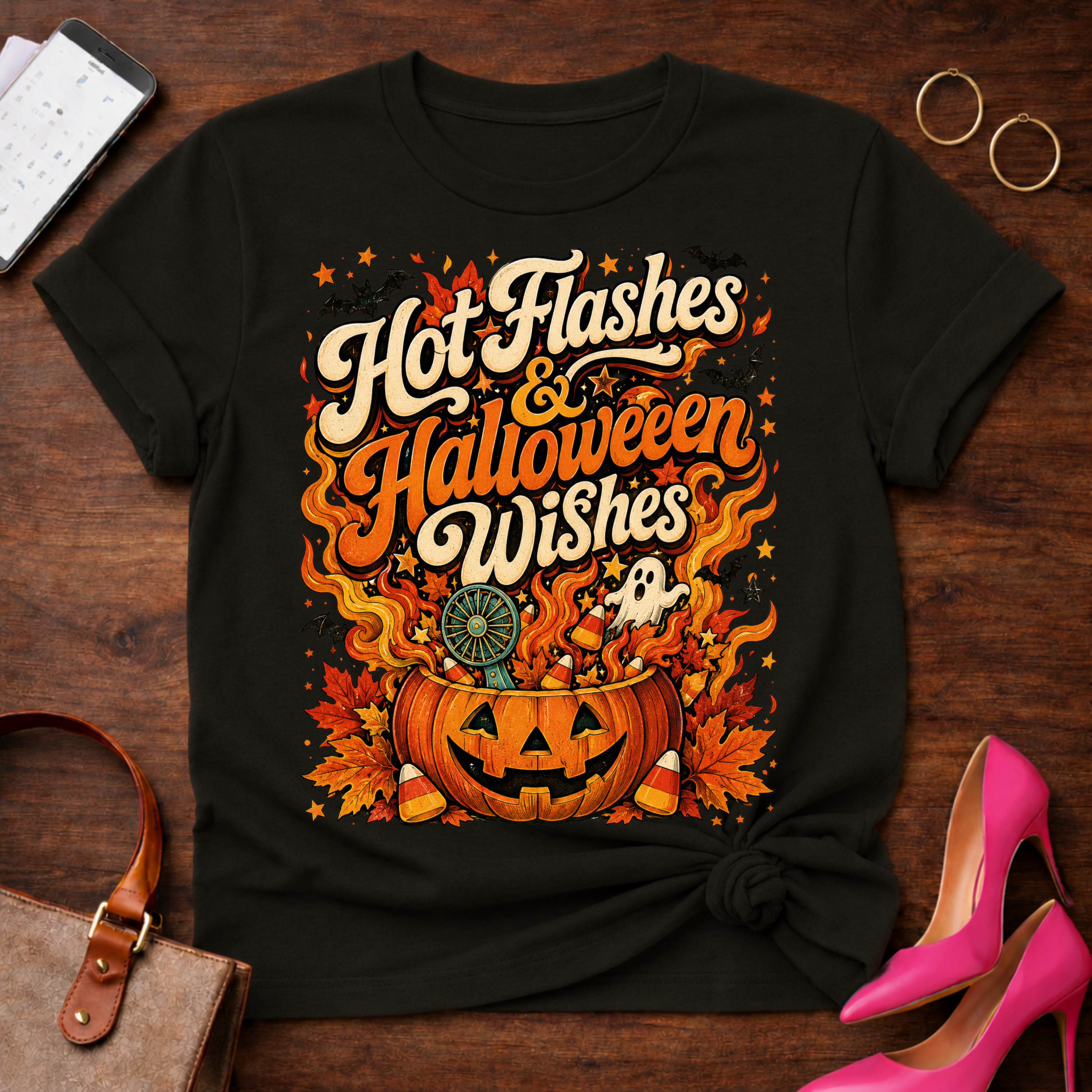 T-Shirt — "Hot Flashes & Halloween Wishes" Vintage Quote Tee