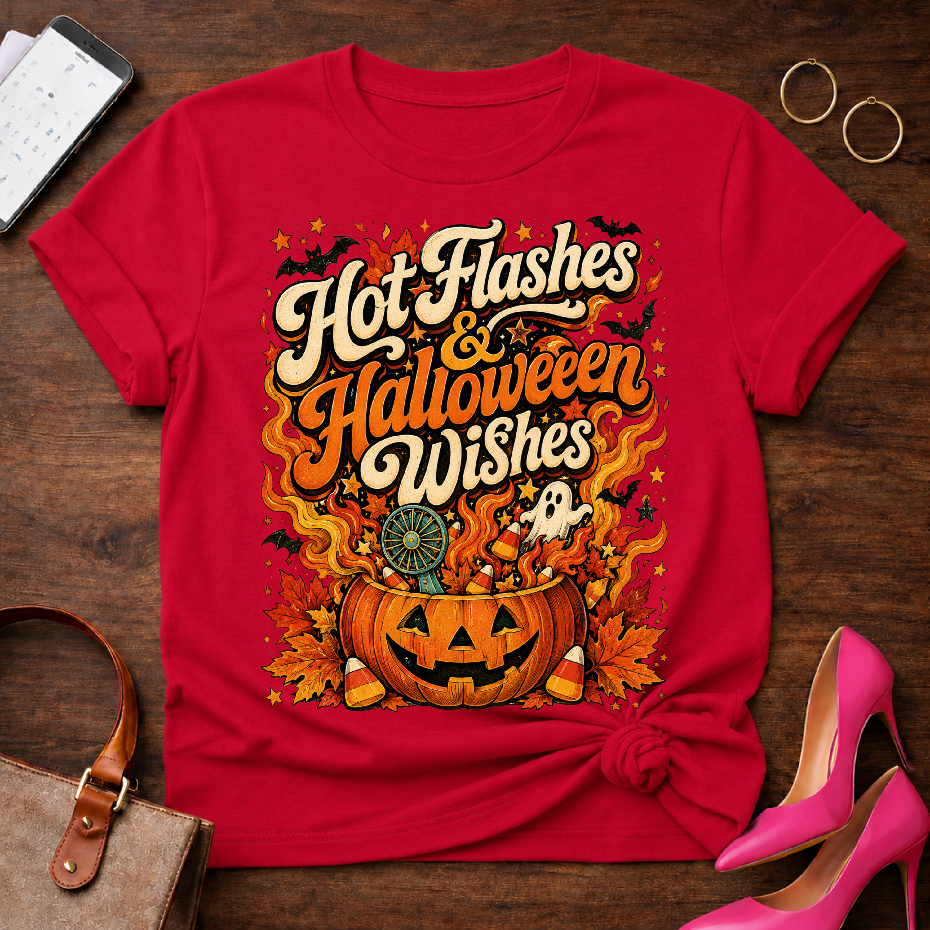 T-Shirt — "Hot Flashes & Halloween Wishes" Vintage Quote Tee