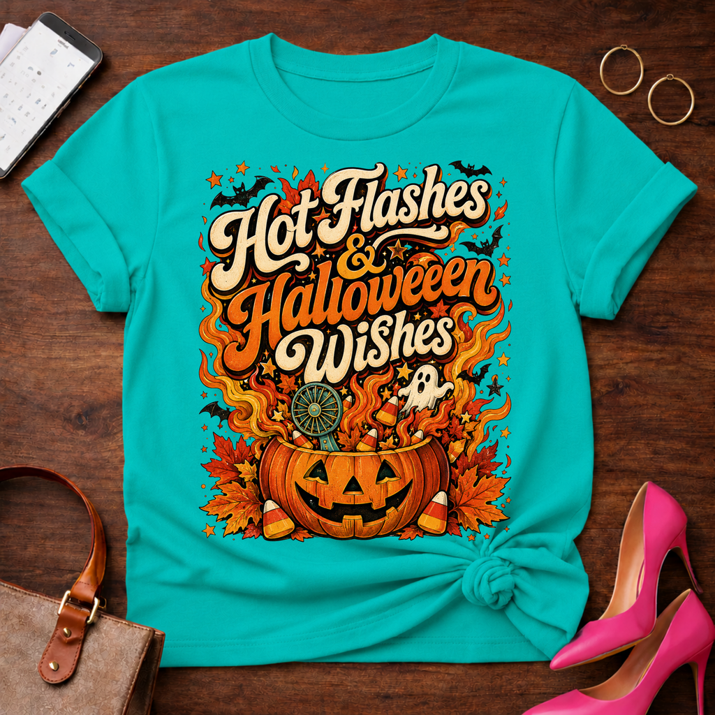 T-Shirt — "Hot Flashes & Halloween Wishes" Vintage Quote Tee