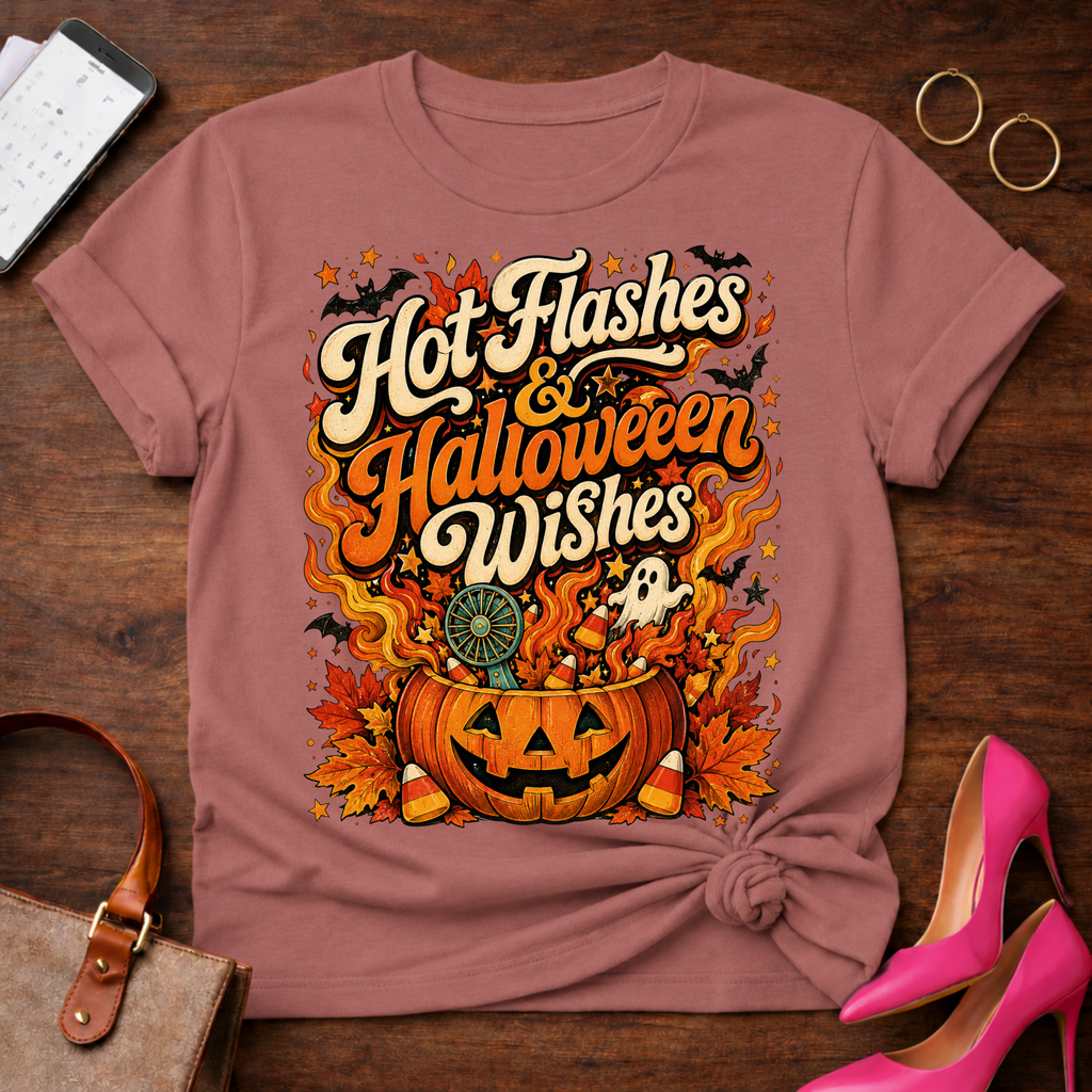T-Shirt — "Hot Flashes & Halloween Wishes" Vintage Quote Tee