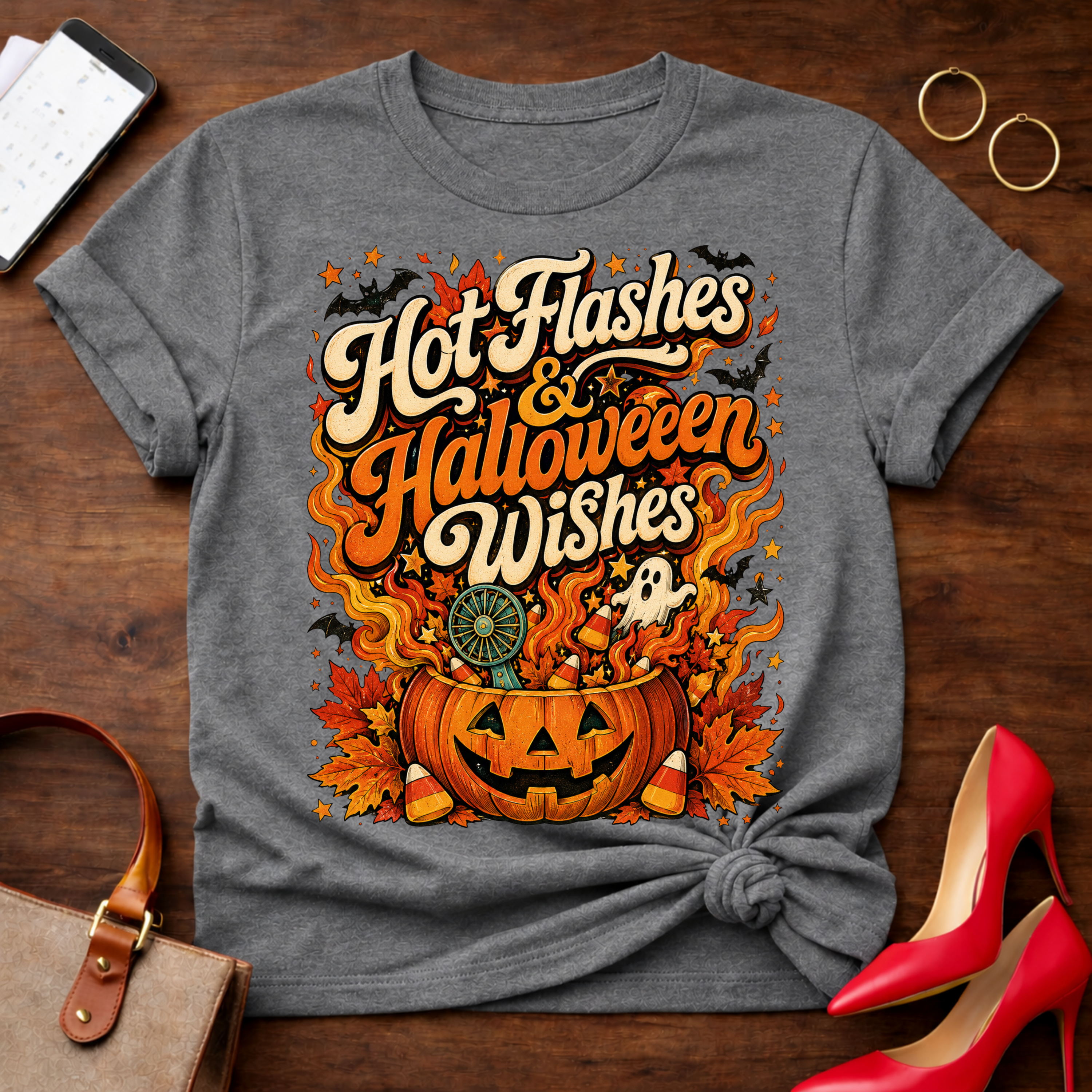T-Shirt — "Hot Flashes & Halloween Wishes" Vintage Quote Tee