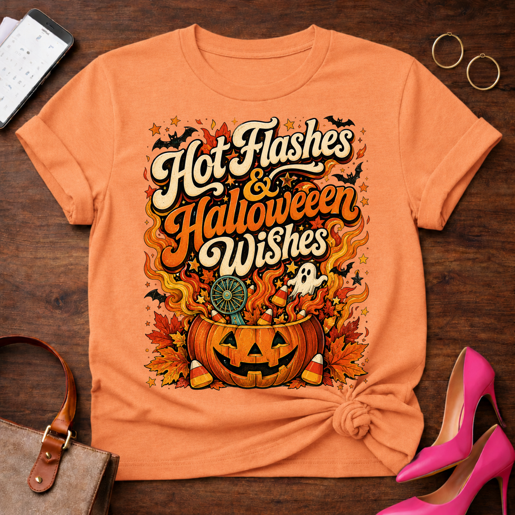 T-Shirt — "Hot Flashes & Halloween Wishes" Vintage Quote Tee