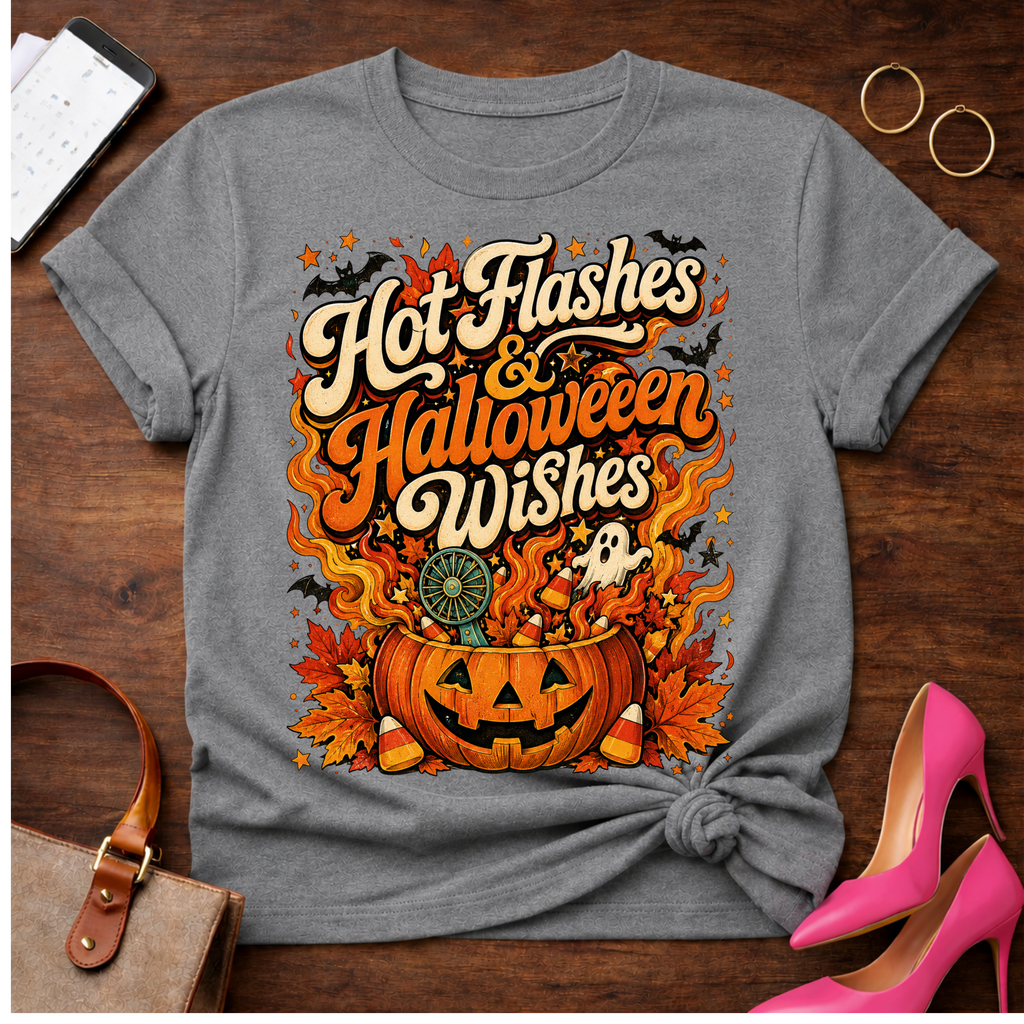 T-Shirt — "Hot Flashes & Halloween Wishes" Vintage Quote Tee