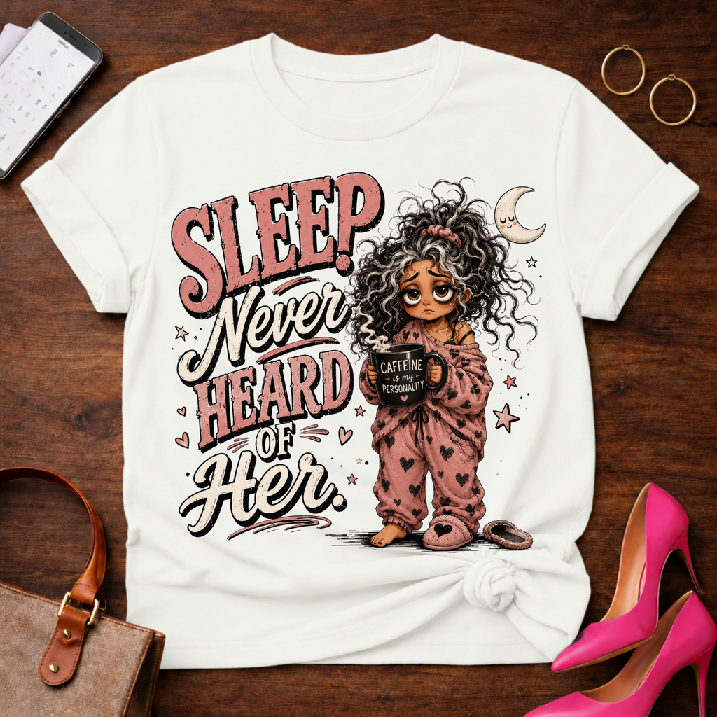 Sleep Never Heard of Her T‑Shirt — Cute Nighttime Graphic Tee
