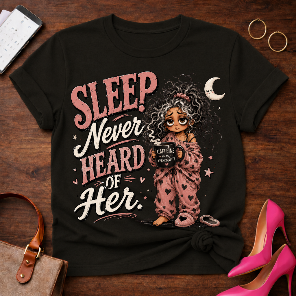 Sleep Never Heard of Her T‑Shirt — Cute Nighttime Graphic Tee