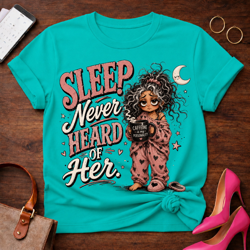 Sleep Never Heard of Her T‑Shirt — Cute Nighttime Graphic Tee