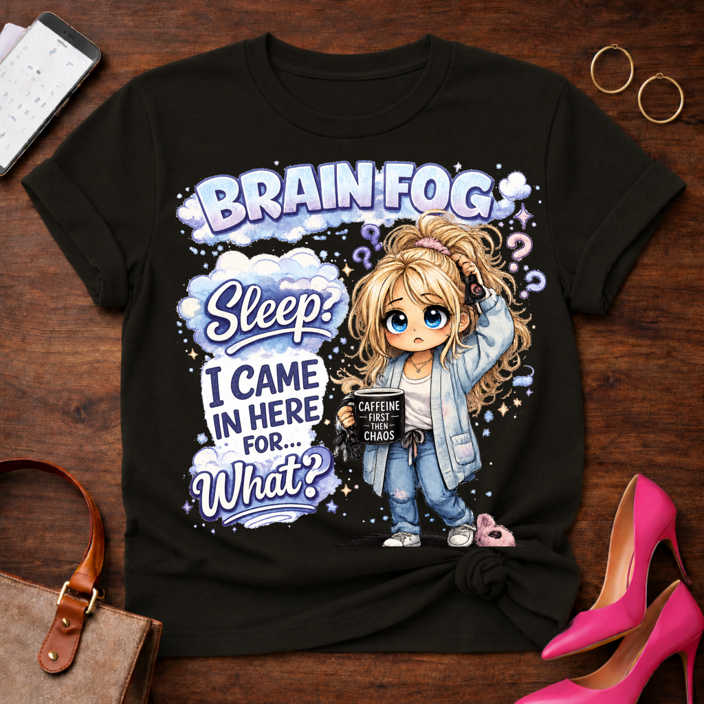 Brain Fog Sleep Funny Graphic Tee — “I Came In Here For…What?” Cute Sleepy Girl Shirt