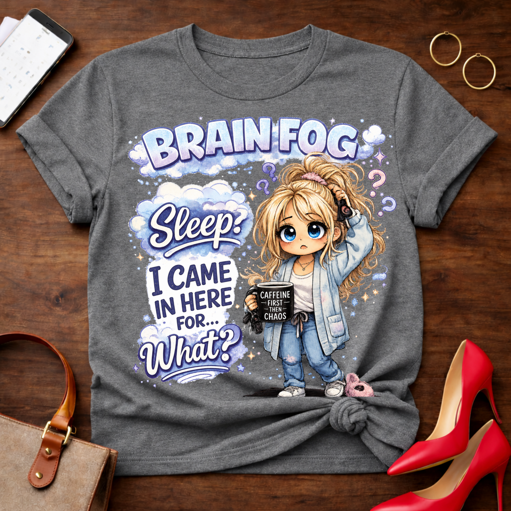 Brain Fog Sleep Funny Graphic Tee — “I Came In Here For…What?” Cute Sleepy Girl Shirt
