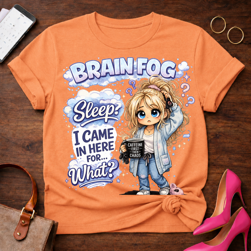 Brain Fog Sleep Funny Graphic Tee — “I Came In Here For…What?” Cute Sleepy Girl Shirt
