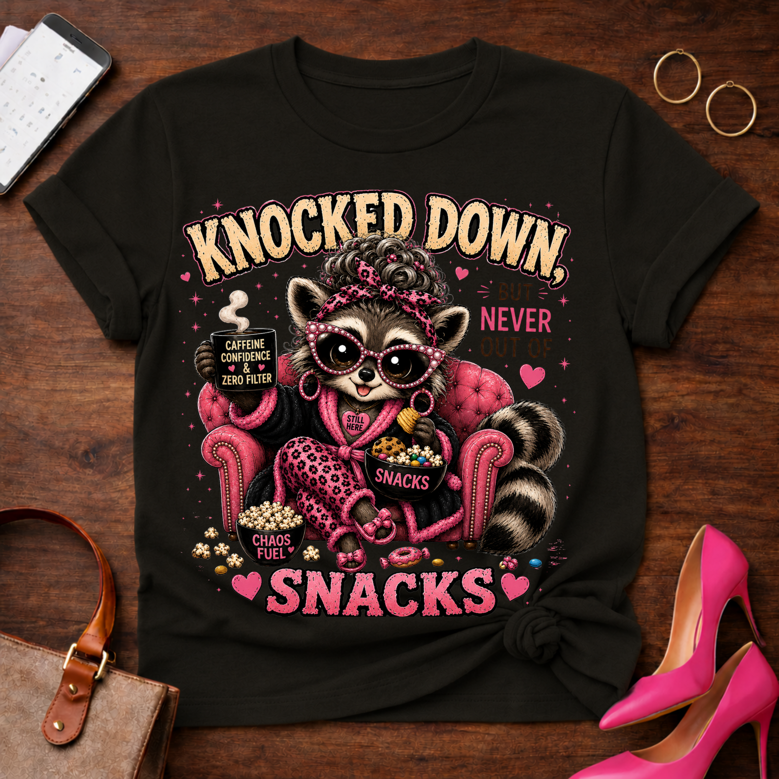 Knocked Down But Never Out of Snacks T-Shirt - Cute Raccoon Snack Lover Tee