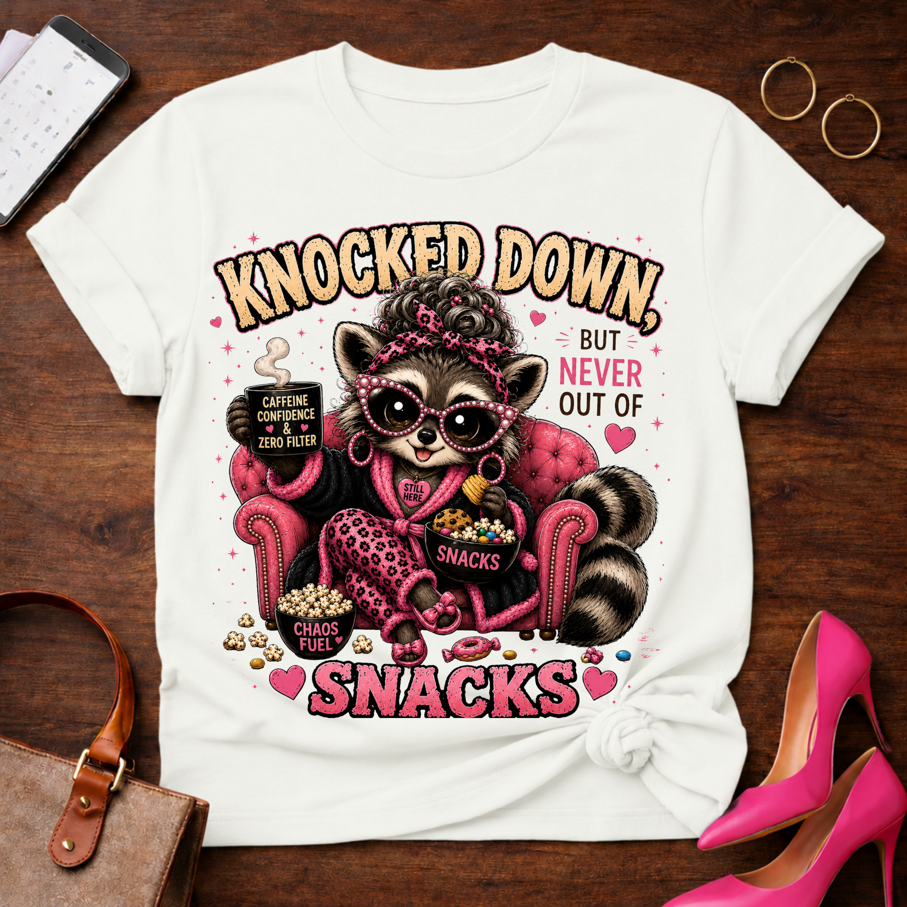 Knocked Down But Never Out of Snacks T-Shirt - Cute Raccoon Snack Lover Tee