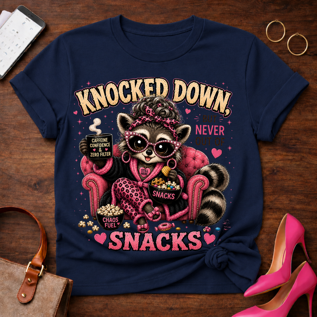 Knocked Down But Never Out of Snacks T-Shirt - Cute Raccoon Snack Lover Tee