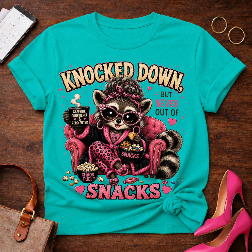 Knocked Down But Never Out of Snacks T-Shirt - Cute Raccoon Snack Lover Tee