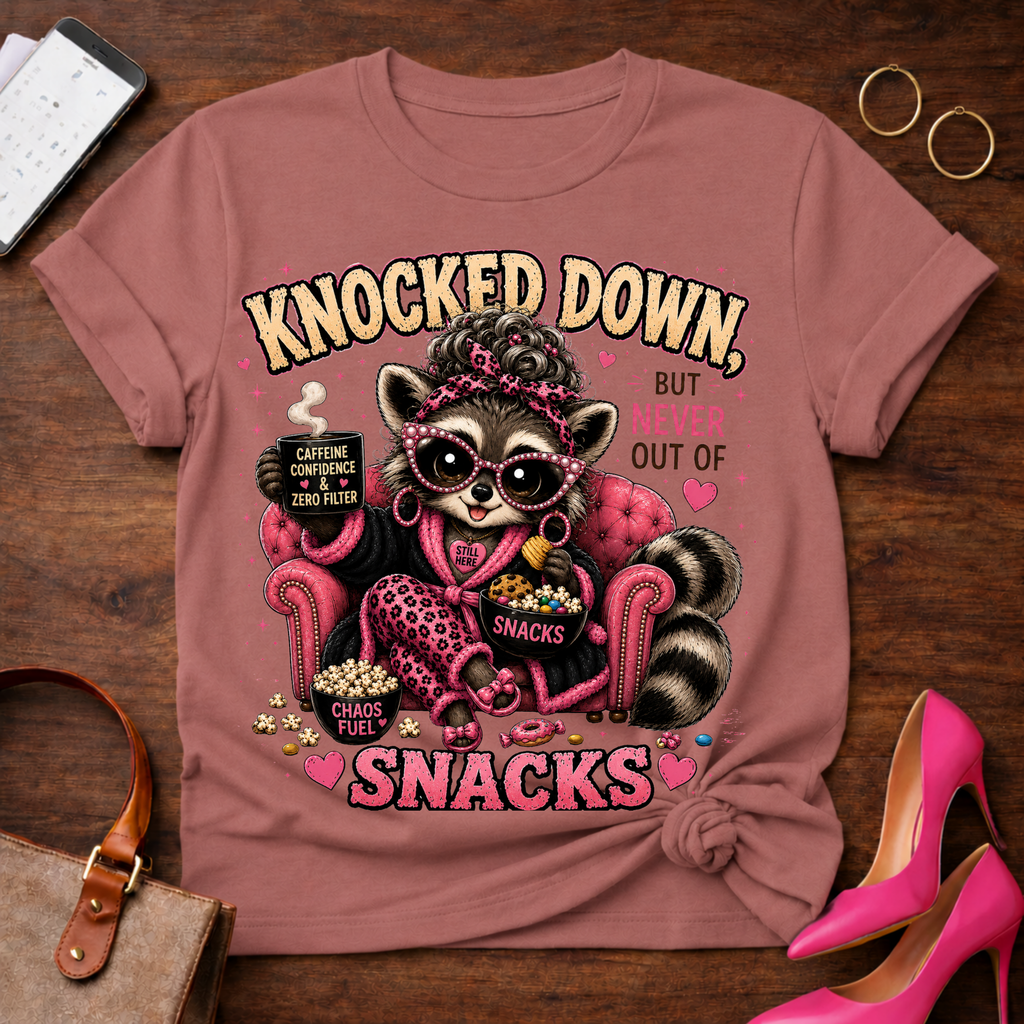 Knocked Down But Never Out of Snacks T-Shirt - Cute Raccoon Snack Lover Tee