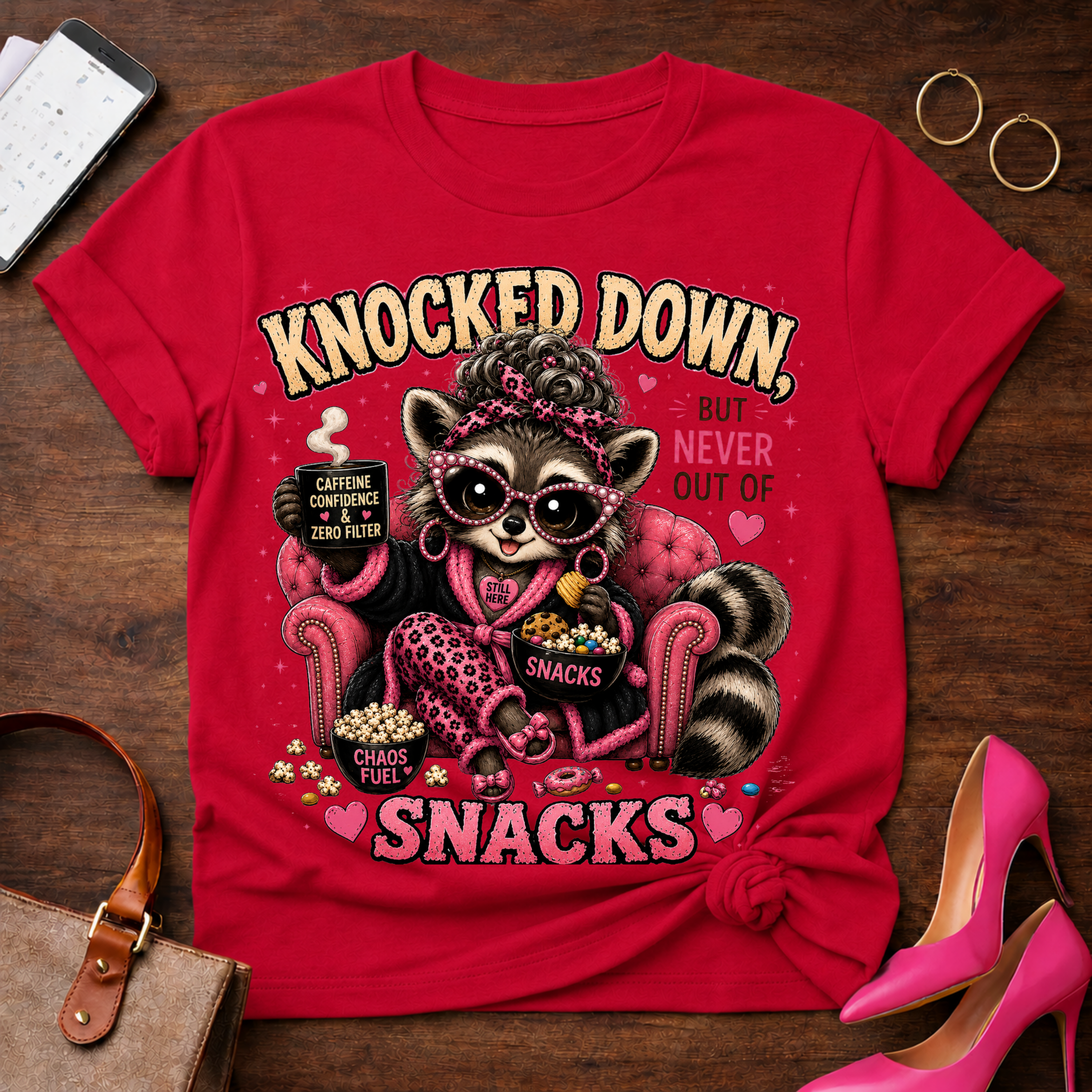 Knocked Down But Never Out of Snacks T-Shirt - Cute Raccoon Snack Lover Tee