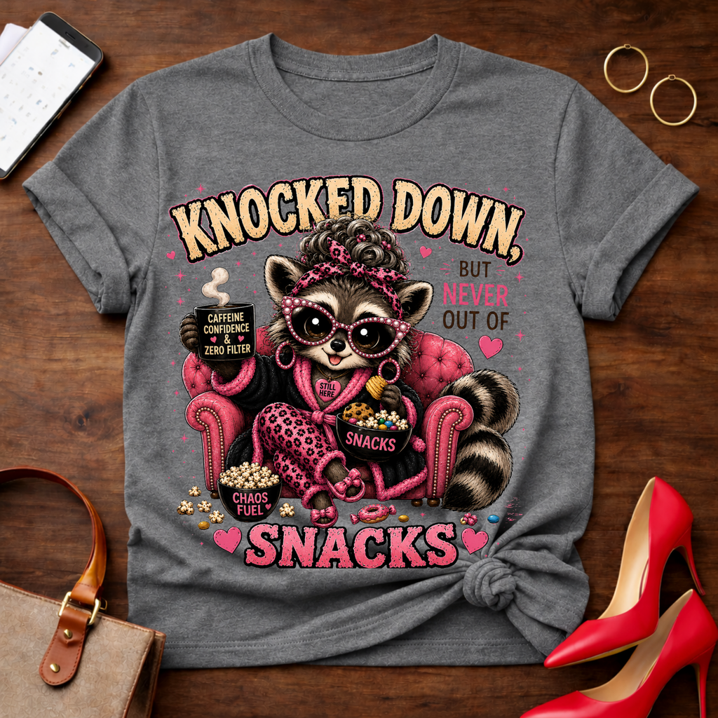 Knocked Down But Never Out of Snacks T-Shirt - Cute Raccoon Snack Lover Tee
