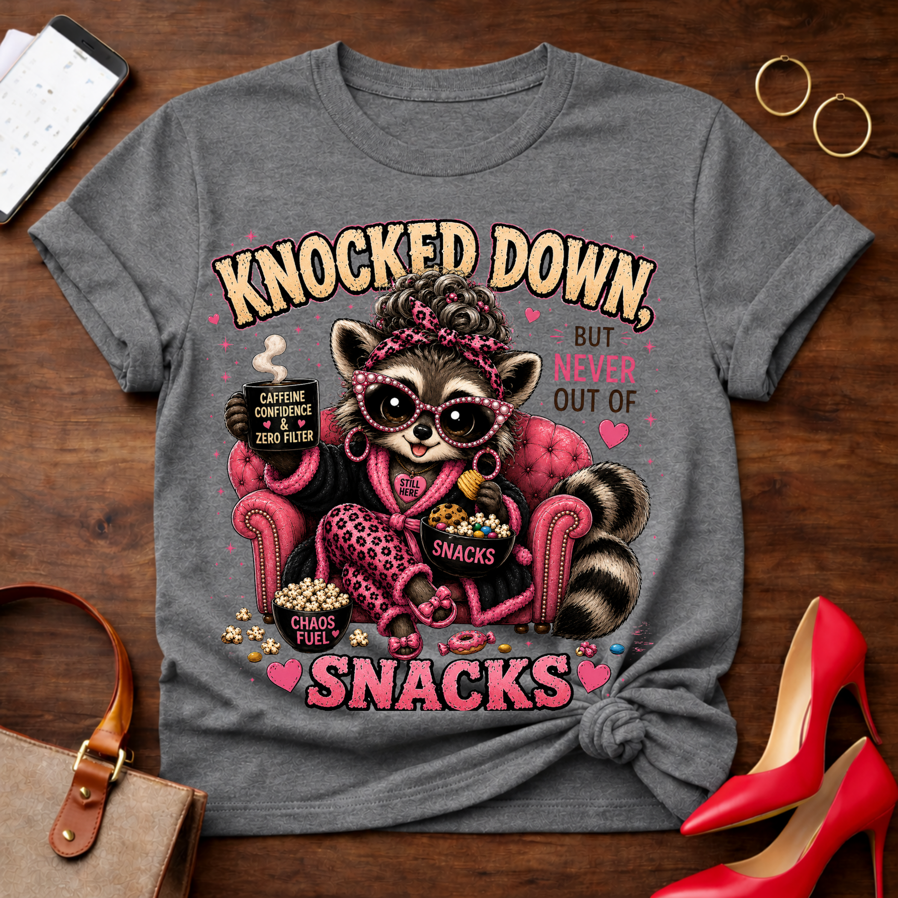 Knocked Down But Never Out of Snacks T-Shirt - Cute Raccoon Snack Lover Tee