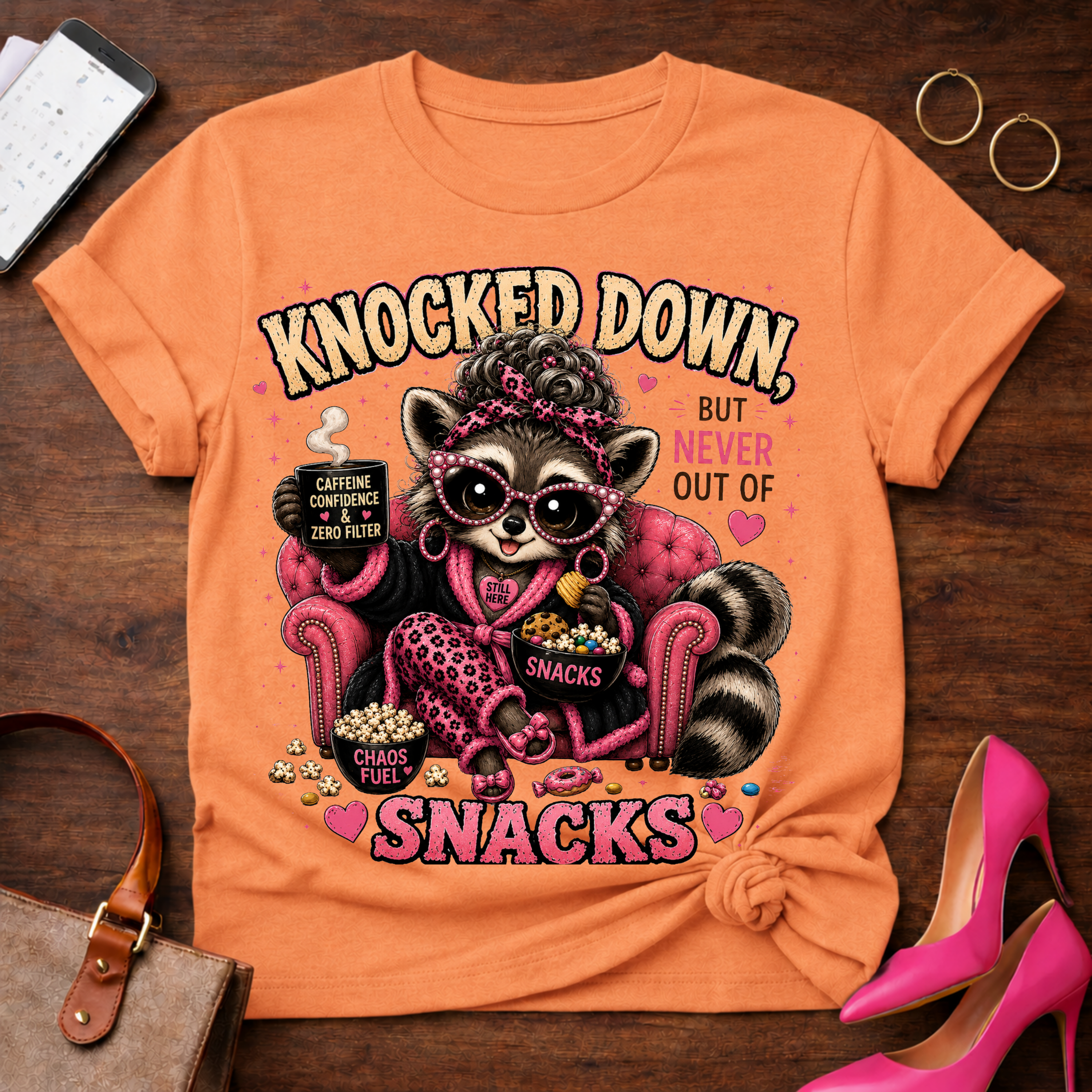 Knocked Down But Never Out of Snacks T-Shirt - Cute Raccoon Snack Lover Tee