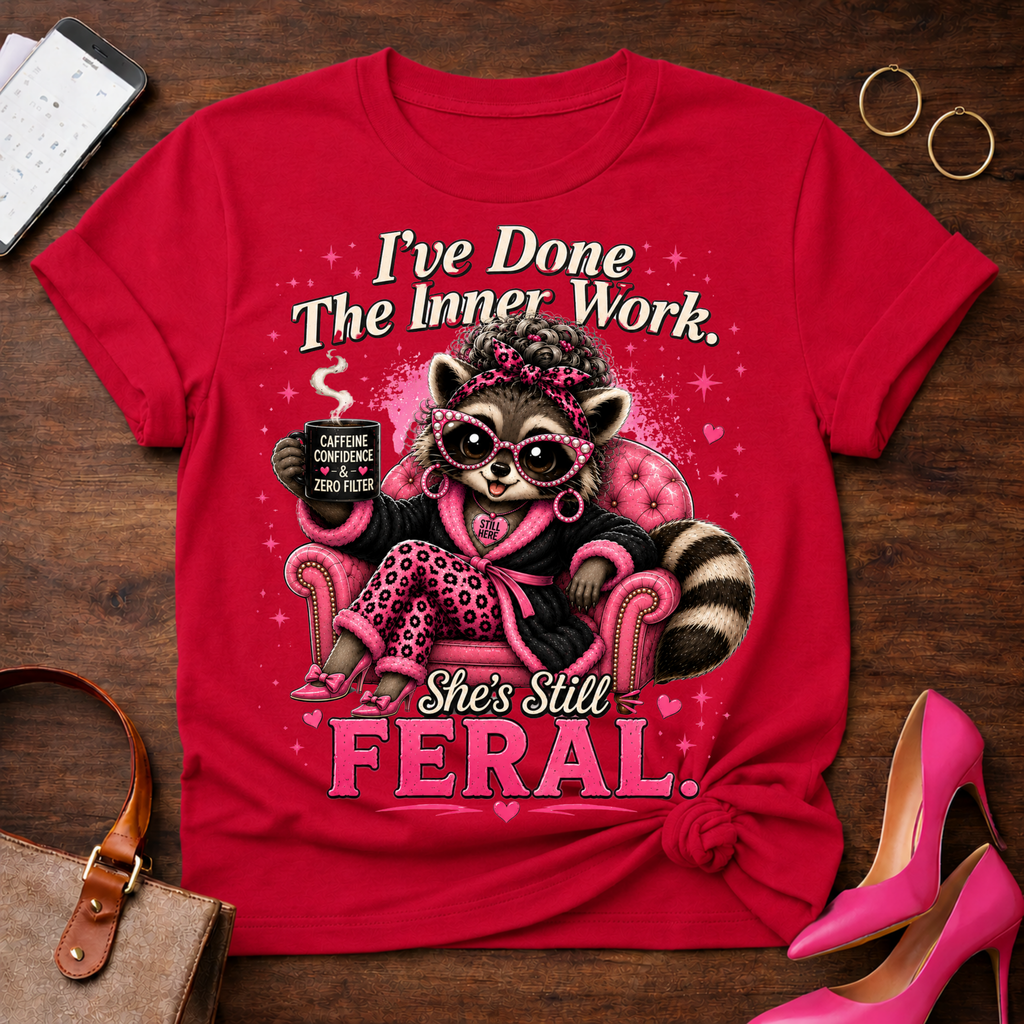 Feral Raccoon Lounge T‑Shirt — "I've Done The Inner Work, She's Still Feral"