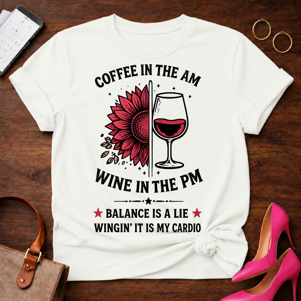 Coffee in the AM Wine in the PM T-Shirt — "Balance Is a Lie, Winging It Is My Cardio" Graphic Tee