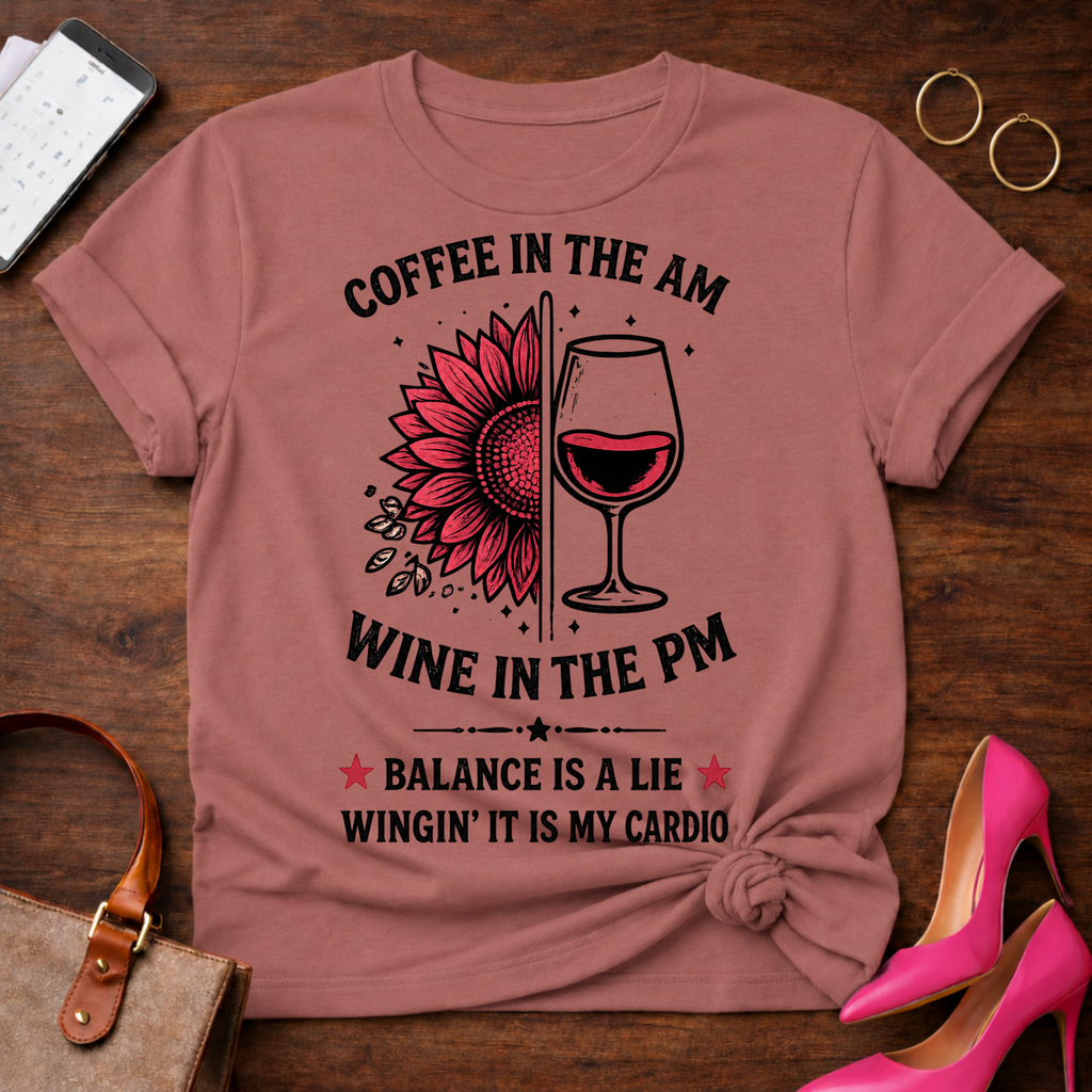 Coffee in the AM Wine in the PM T-Shirt — "Balance Is a Lie, Winging It Is My Cardio" Graphic Tee