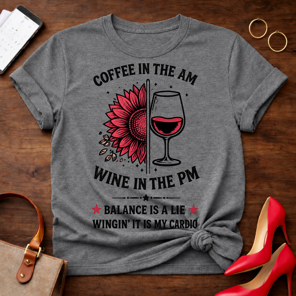 Coffee in the AM Wine in the PM T-Shirt — "Balance Is a Lie, Winging It Is My Cardio" Graphic Tee