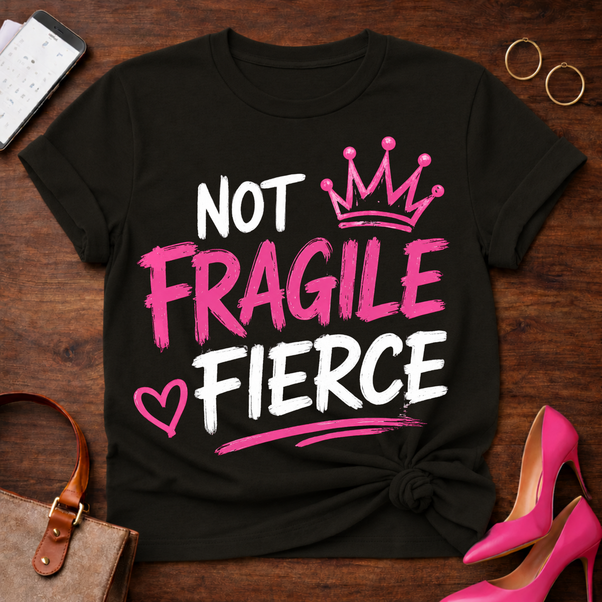 Fragile Crown Tee — Pink Script Graphic T-Shirt