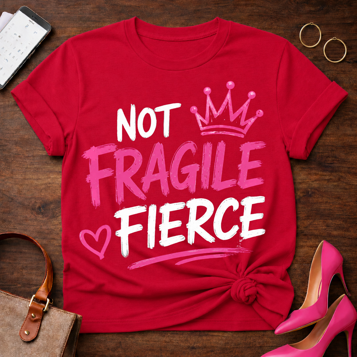 Fragile Crown Tee — Pink Script Graphic T-Shirt